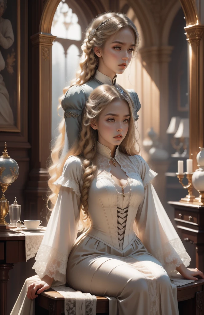 { - anatomy error}(Masterpiece - Ultra-detailed, very high resolution) Prepare to be enchanted by a true masterpiece that combines ultra-detailed art with high-resolution rendering. This work depicts a mesmerizing woman with very long blond hair (1.3) and captivating gray eyes (1.2), emanating an aura of elegance and mystery in Victorian settings. The intricate details and realistic textures invite you to explore every aspect of this enchanting composition. Woman wearing beautiful classic Victorian costume from the year 1878. Red lips. Happy face. Smiling. white-gray dress (gold) dress. Outside of the castle, backwards, looking back, upper body. dynamic poses. Get ready to dive into a world where beauty and craftsmanship merge perfectly.