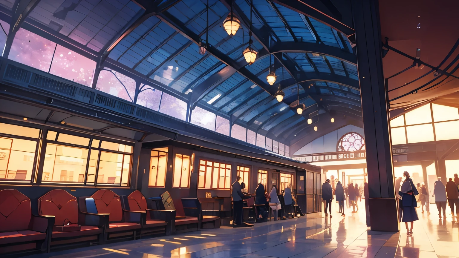 Generate an anime scene by Makoto Shinkai featuring a young woman sitting on a bench in a grand train station, sketching in her book. The station is bustling with crowds of people moving about, trains arriving and departing under a pink and purple cosmic sky, with large windows and intricate architectural details characteristic of Shinkai's style, trending on Pixiv for its magical realism and beautiful anime rendering.