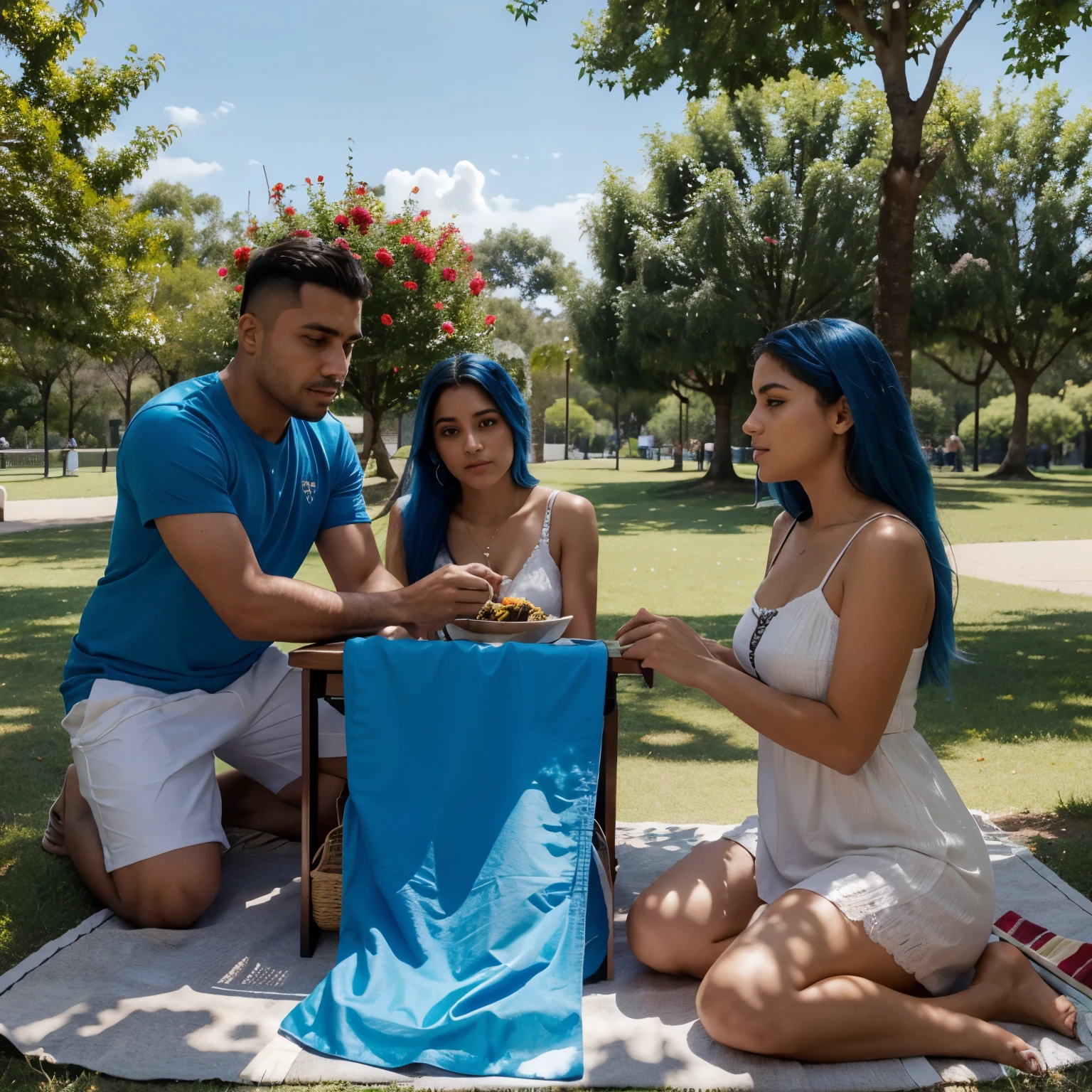 Dos hermanos hombre y mujer de cabello azul vestidos y sentados en la banca de un parque , en verano y compartiendo comida
