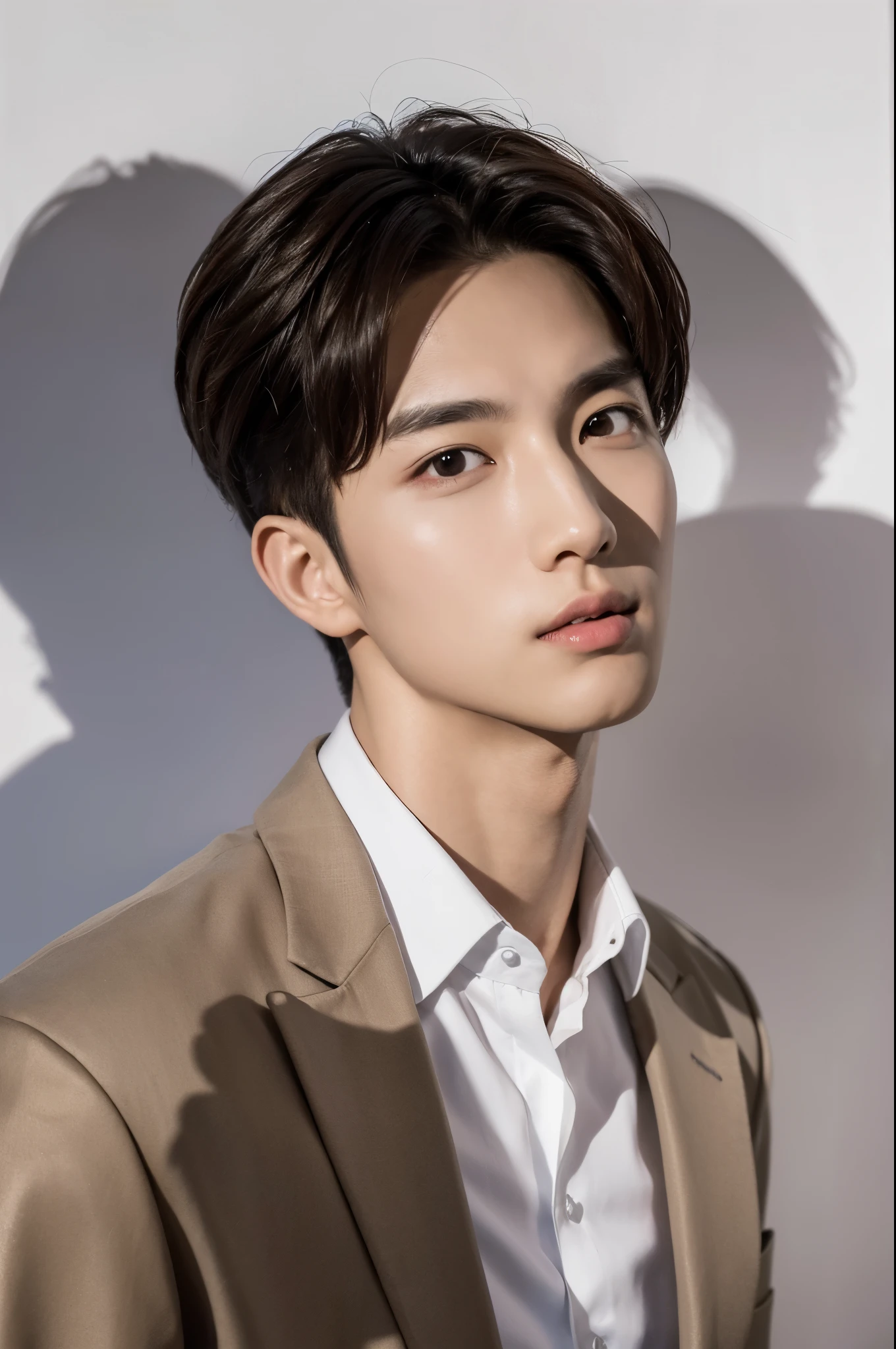 male,white background,elegant,(highest quality,High resolution),(realistic,photorealistic),Professional,sharp focus,Bright colors,studio lighting,sophisticated look,confident attitude,serious expression,male性的な特徴,sophisticated details,subtle shadow, detailed face, 8k, trendy clothes, brown eyes, trendy clothes,korean idol,looking at the viewer,