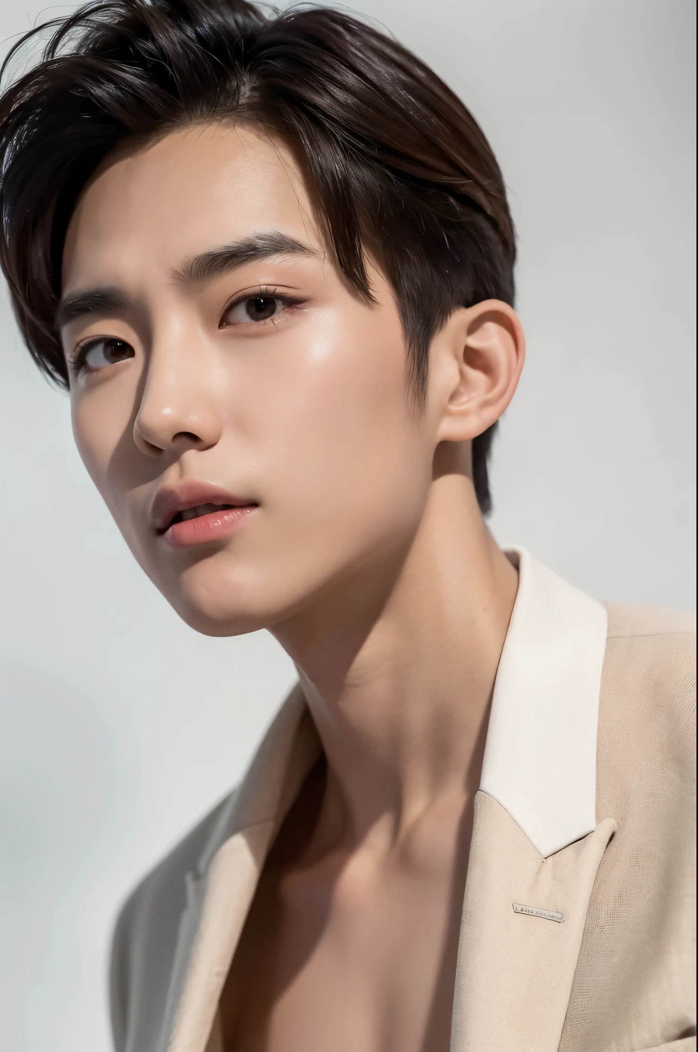 male,white background,elegant,(highest quality,High resolution),(realistic,photorealistic),Professional,sharp focus,Bright colors,studio lighting,sophisticated look,confident attitude,serious expression,male性的な特徴,sophisticated details,subtle shadow, detailed face, 8k, trendy clothes, brown eyes, trendy clothes,korean idol,looking at the viewer,