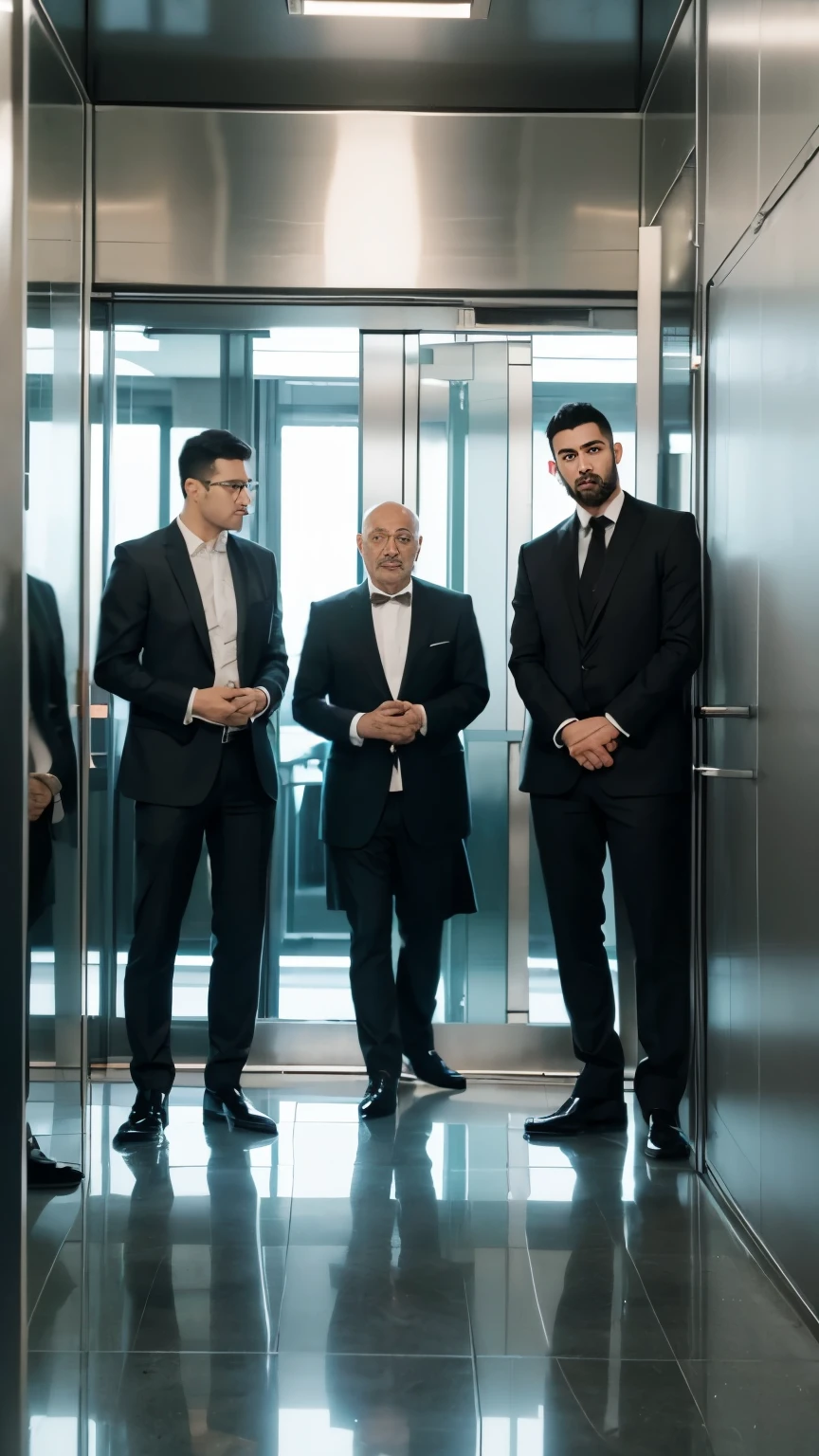 (best quality,actual),(dark,moody) portrait,three men,clear facial features,+express in detail,dress,+professional,+confident,office environment,+modern,+Brightly lit,elevator,+Glass door,+Numbered floors,+Metal plate,+reflection on floor,neutral background