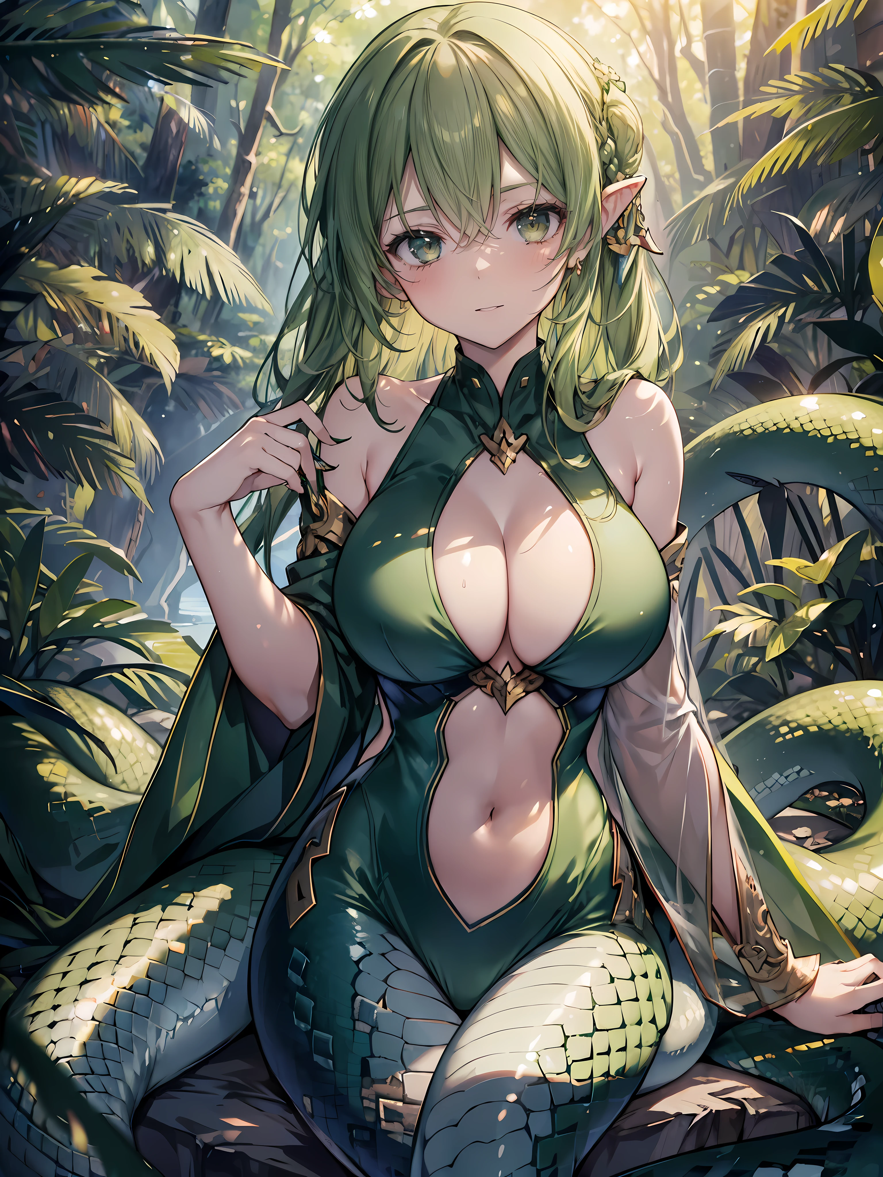 (masterpiece,best quality:1.2),original photo,high resolution,Snake Girl,portrait,closeup , green clothes , sexy , (big bust) , slim perfect body , (sexy중년여성) , (forest)