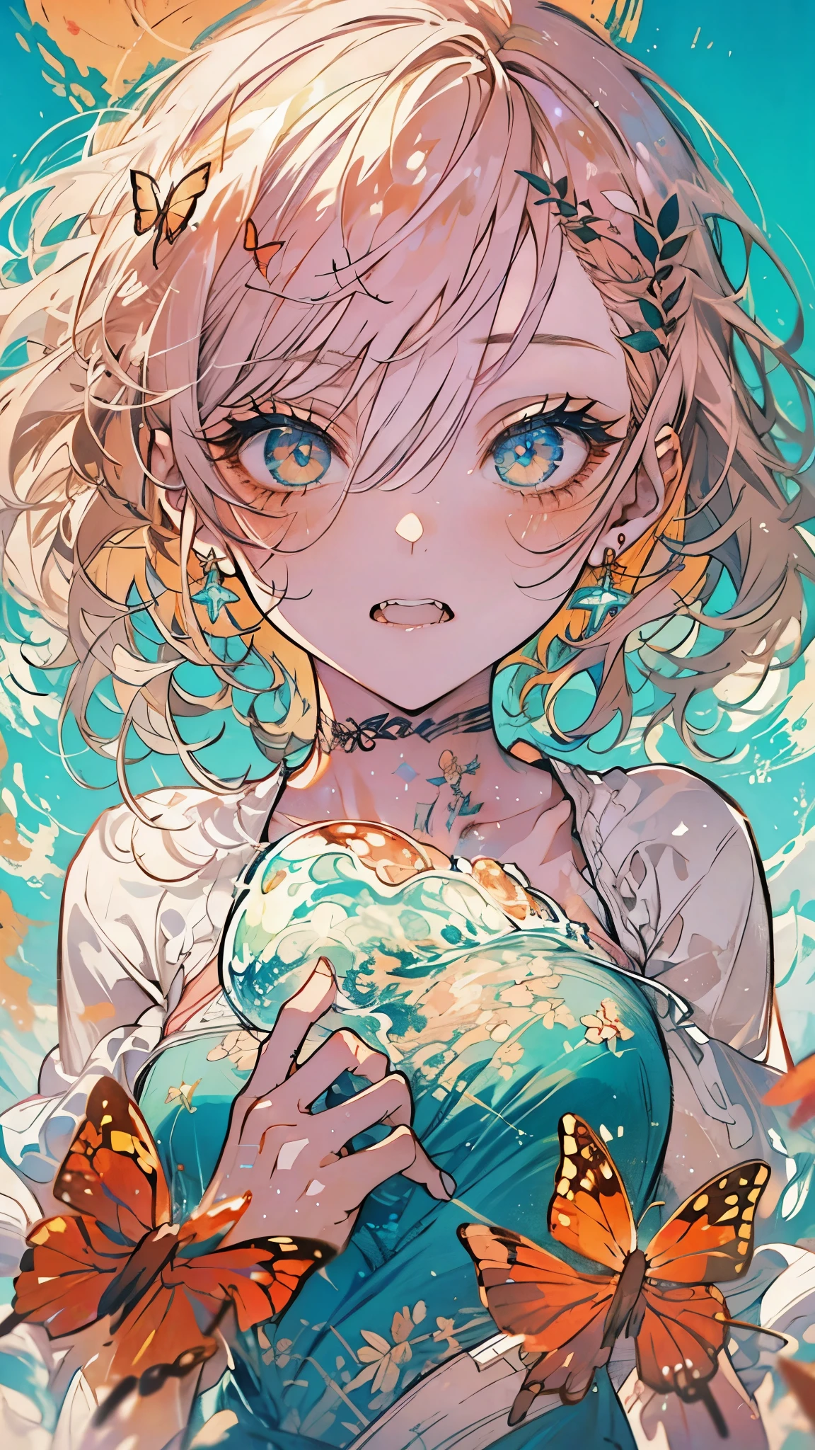 ((8K resolution))、((highest quality))、((masterpiece))、((Super detailed))((((dramatic))),woman、sunglasses、double teeth、short hair、blonde、tattoo、bikini、Image color peach、red、white、Ocean、blue sky、butterfly、erase the shadow、colorful、character concept、anime、(focus on character)