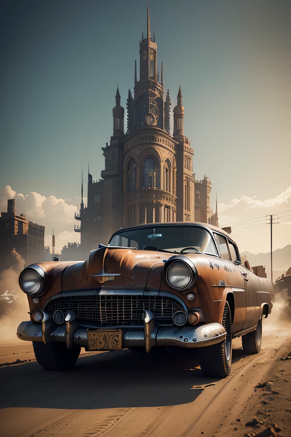 faithful image of an old rusty 1955 cadilac eldorado with spikes and spikes on the hood, carro steampunk, dramatic art, estilo de arte dieselpunk, apocalyptic road warrior vibe, a girl with sunglasses is inside the car, Arte digital surreal, Mad Max inspirado, heavy metallic artwork, simetria da face cromada, arte Steampunk digital, It's not the Mad Max style, metallic art, It's not Filip Hodas' art style, arte digital steampunk, dieselpunk, em um mundo hightech