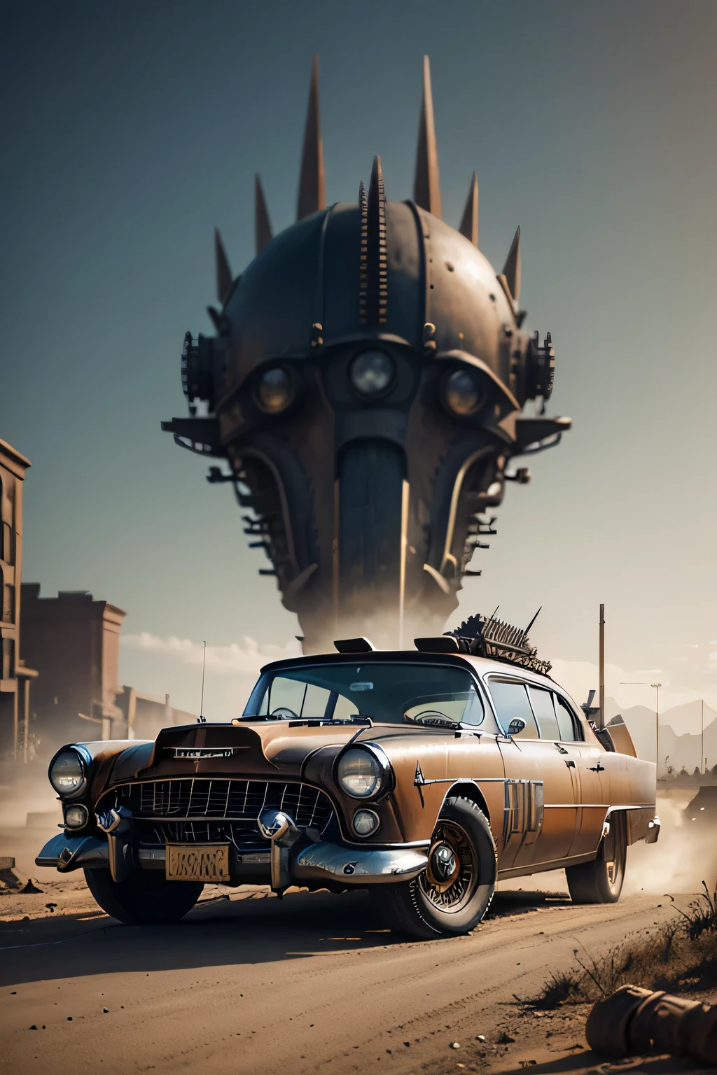 faithful image of an old rusty 1955 cadilac eldorado with spikes and spikes on the hood, carro steampunk, dramatic art, estilo de arte dieselpunk, apocalyptic road warrior vibe, a girl with sunglasses is inside the car, Arte digital surreal, Mad Max inspirado, heavy metallic artwork, simetria da face cromada, arte Steampunk digital, It&#39;s not the Mad Max style, metallic art, It&#39;s not Filip Hodas&#39; art style, arte digital steampunk, dieselpunk, em um mundo hightech
