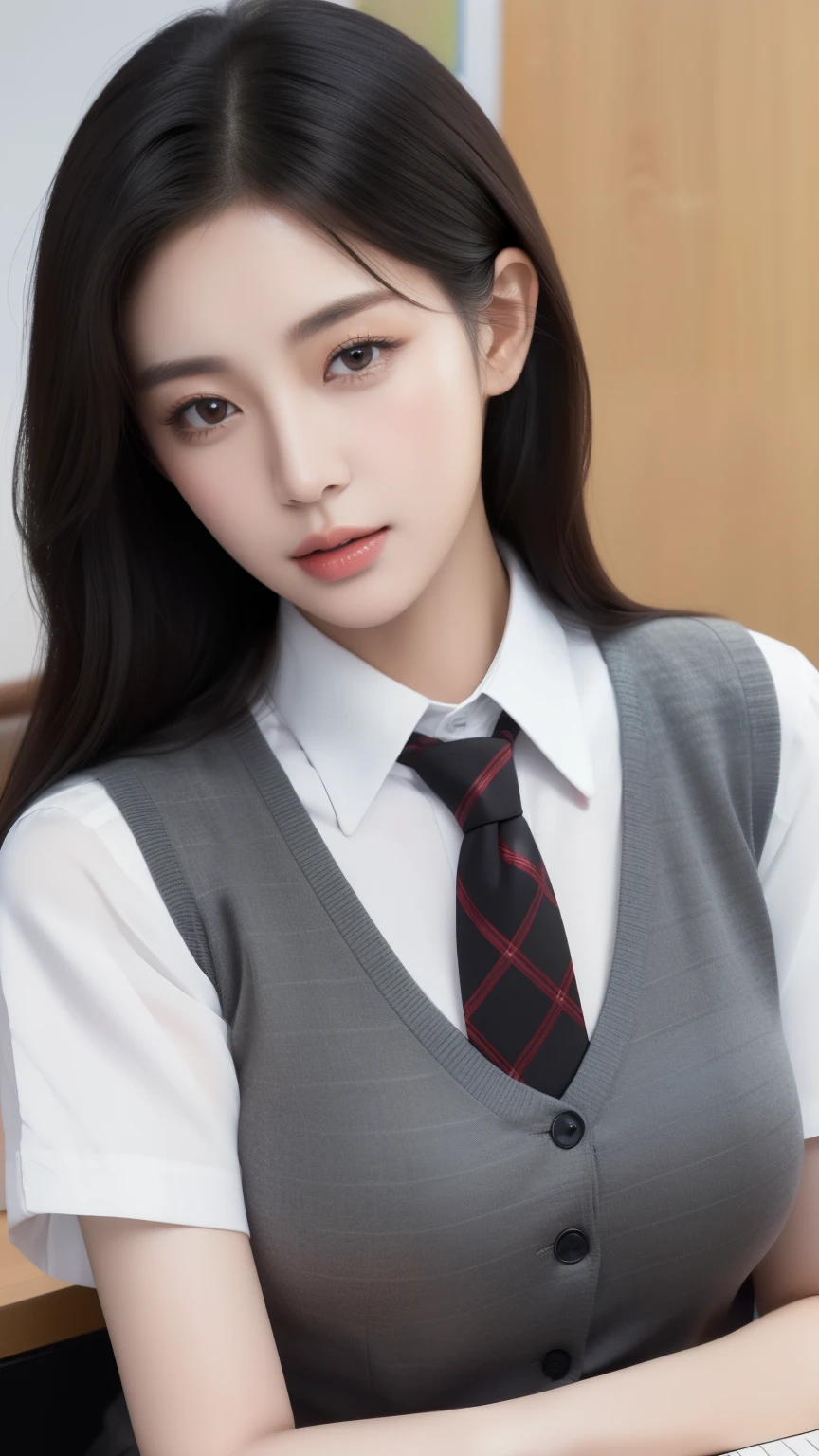 a woman, Best image quality, high quality, The background is clear,Beautiful woman, Korean beauties, detailed, detailed eyes, detailed skin, beautiful skin, very beautiful woman, a younger face, beautiful skin, slim, (Ultra photo realism), (highest resolution), (8 thousand), (매우 detailed) (beautiful and delicate eyes), (매우 detailed), (detailed face),wearing a checkered school uniform, short black hair, 1 woman sitting on a chair, table, classroom, dressed , vest, necktie, different movements,