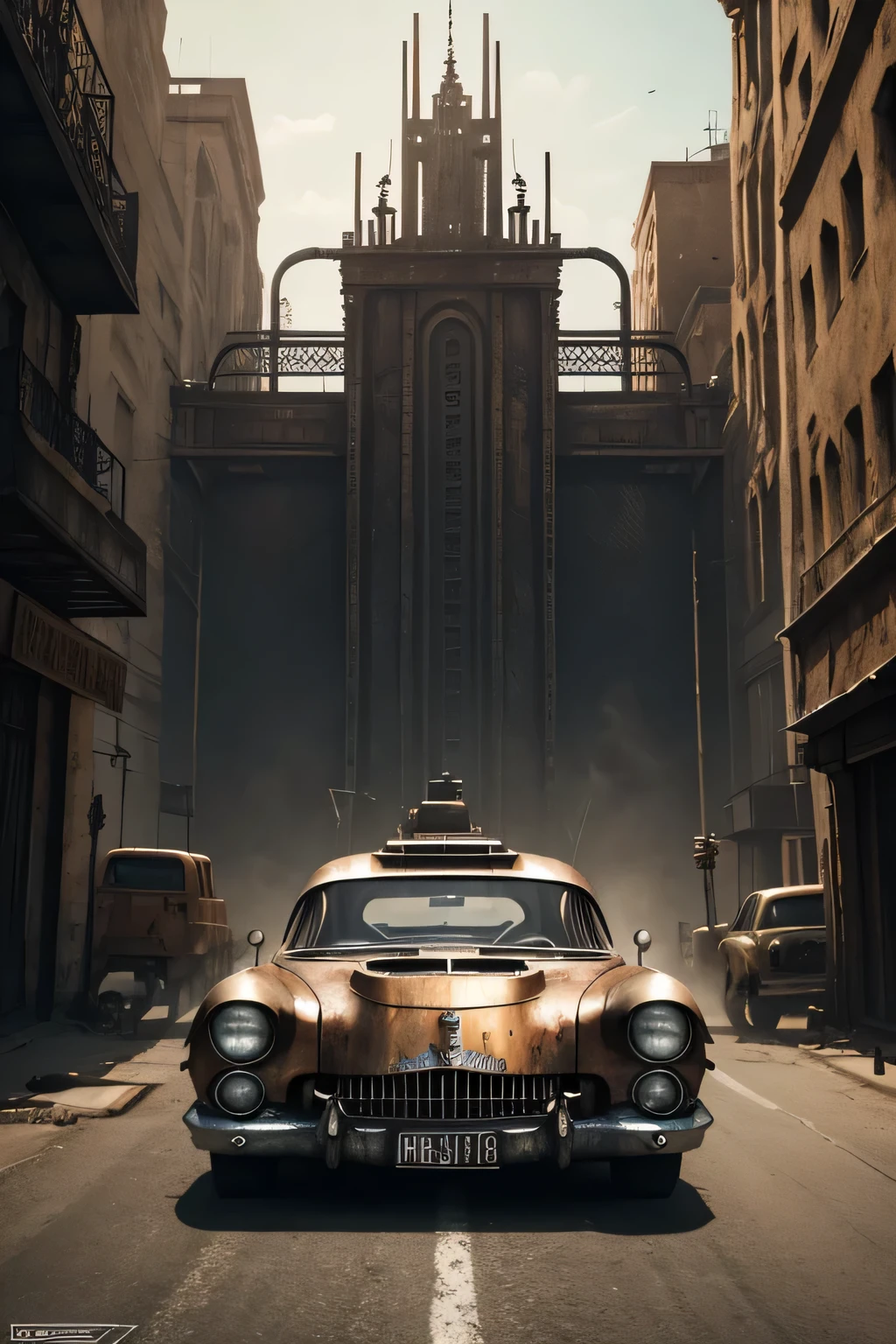 faithful image of an old rusty 1955 cadilac eldorado with spikes and spikes on the hood, carro steampunk, dramatic art, estilo de arte dieselpunk, apocalyptic road warrior vibe, a girl in sunglasses stands in the car, Arte digital surreal, Mad Max inspirado, heavy metallic artwork, simetria da face cromada, arte Steampunk digital, It&#39;s not the Mad Max style, metallic art, It&#39;s not Filip Hodas&#39; art style, arte digital steampunk, dieselpunk
