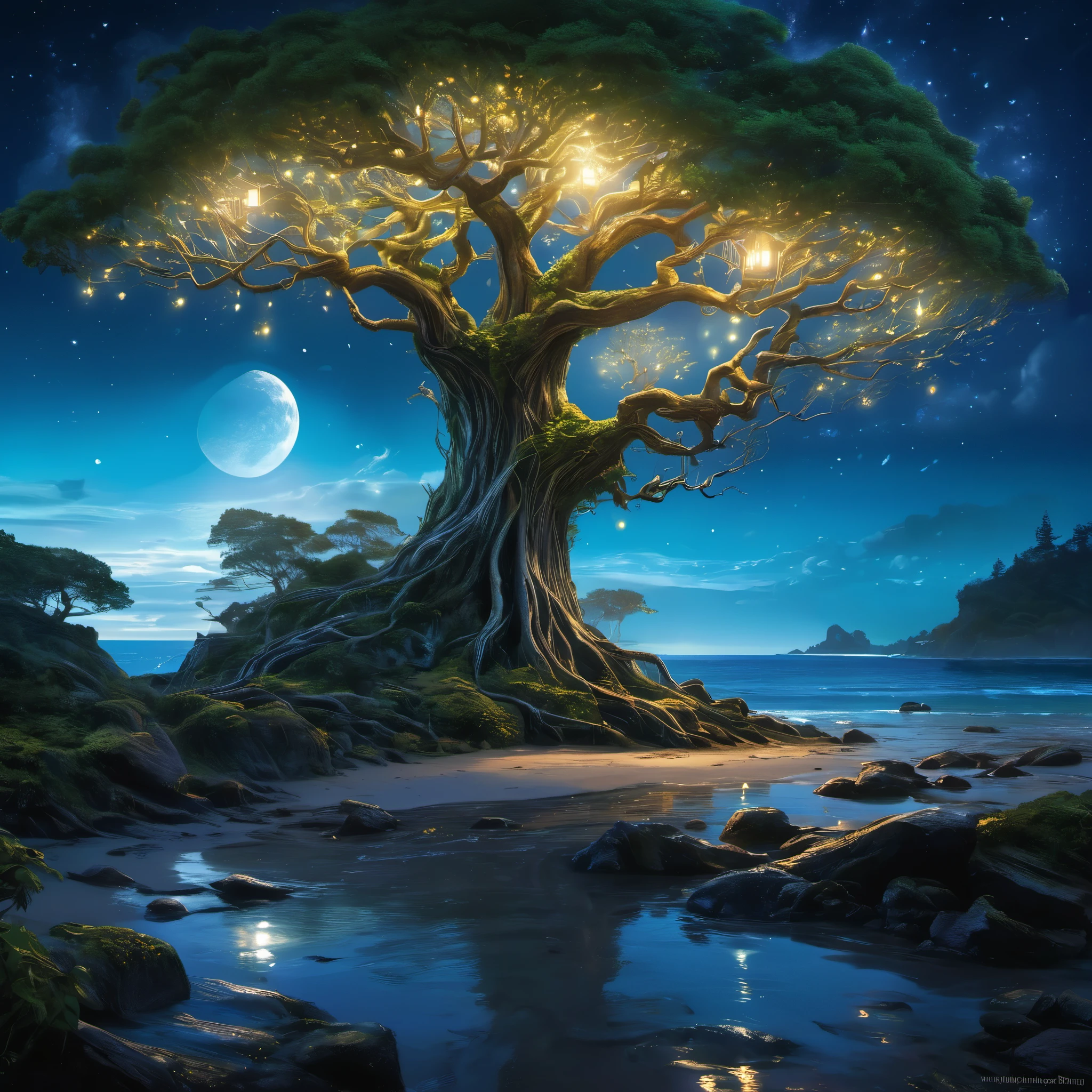 On the shore of a fantasy world, an Elven tree city is near the coast. The city is built within the vast branches of enormous trees, blending harmoniously with nature. The majestic trees reach towards the sky, their branches creating a mesmerizing canopy overhead. The city is illuminated by gentle moonlight, casting an ethereal glow on the Elven dwellings, which are intricately built with delicate, artistic designs. As we focus on the coast, our attention is drawn to an immense tree standing tall and proud. This tree acts as a beacon of light, guiding ships safely to the shore. Adorning its branches are glowing nodules that emit a soft, radiant light, resembling stars in the night sky. The nodules flicker and dance, casting enchanting shadows on the surrounding landscape. The night is calm, and the air carries a gentle breeze that rustles through the leaves. The sound of waves crashing against the shore provides a soothing melody. The ocean stretches endlessly into the horizon, reflecting the moon's shimmering light. In this breathtaking scene, the image quality is of utmost importance. The prompt demands the highest level of detail, capturing every intricate element with precision. It is a masterpiece in the making, with ultra-detailed textures and realistic rendering. The colors are vivid, enhancing the magical ambiance of the Elven city and its surroundings. The art style portrayed in this prompt is a blend of fantasy and realism. It captures the essence of nature and the mystical allure of the Elven world. It is a remarkable mix of enchantment and tranquility, creating a sense of wonder and awe. To bring this vision to life, the prompt requires the perfect color palette. The colors should exude a sense of mysticism and enchantment. It embodies the beautiful hues of the night, with soft blues, deep purples, and hints of silver and gold, painting a mesmerizing scene. Lastly, the prompt emphasizes the lighting. The Elven tree city is bathed in a soft, moonlit