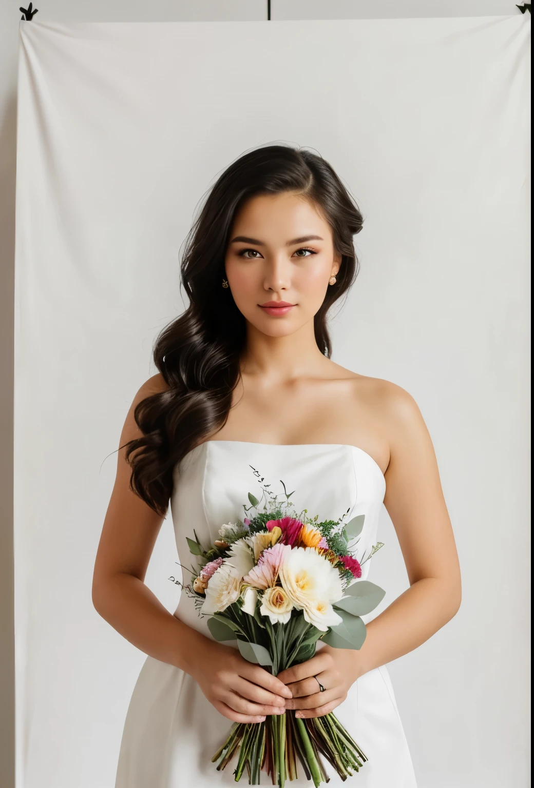 model looking women with bouquet of flowers on white background, portrait photo, high fidelity, studio light and style