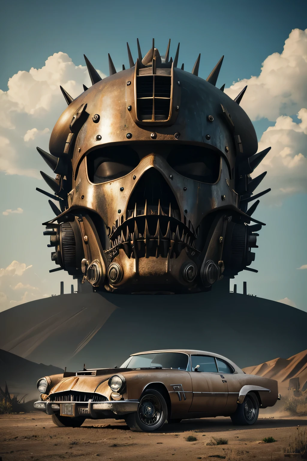 old rusty 1955 cadilac eldorado with spikes and spikes on the hood, carro steampunk, dramatic art, estilo de arte dieselpunk, apocalyptic road warrior vibe, Arte digital surreal, Mad Max inspirado, heavy metallic artwork, simetria da face cromada, arte Steampunk digital, It&#39;s not the Mad Max style, metallic art, It&#39;s not Filip Hodas&#39; art style, arte digital steampunk, dieselpunk
