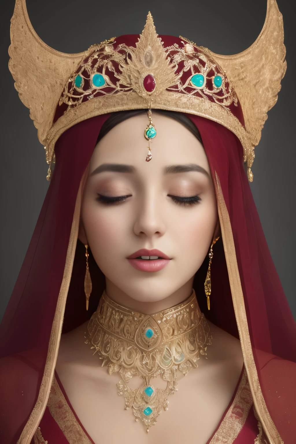 a close up of a woman wearing a gradient red crystal jewel veil and a gold head piece, stunning digital illustration, face covered in beautiful veil,4k highly detailed digital art, beautiful digital artwork, arabian beauty, beautiful digital illustration, 8k stunning artwork, 8k high quality detailed art, intricate wlop, detailed beauty portrait, arabian princess, detailed beautiful portrait, beautiful art uhd 4 k