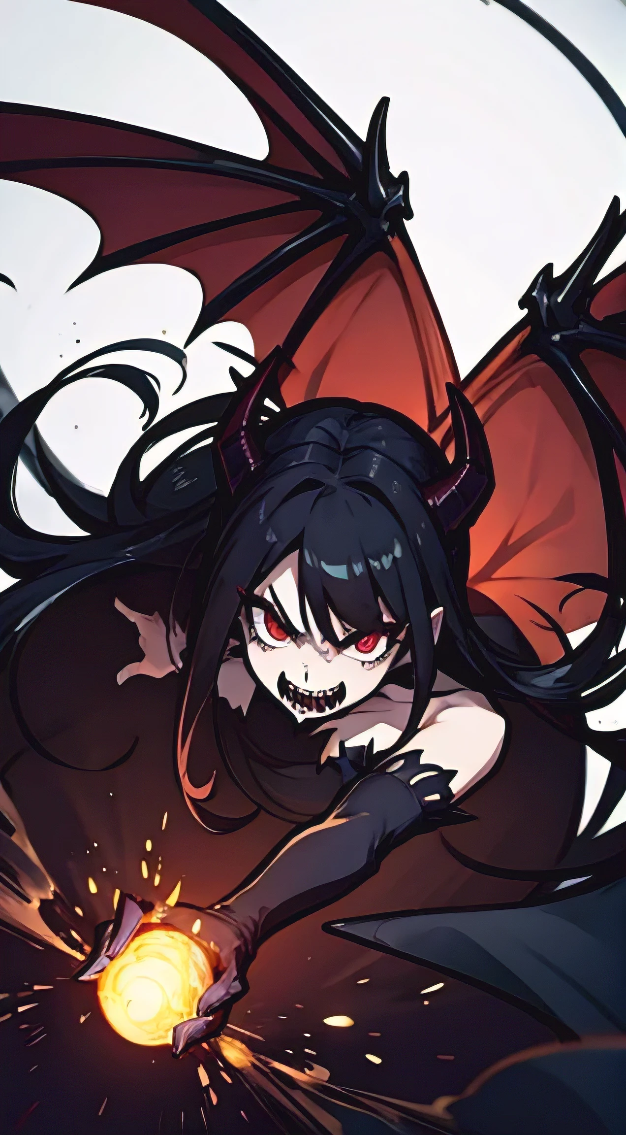 beautiful demon woman with long black hair, sharp teeth, furious, battle, glowing red eyes, bat wings on back, ram horns, angry, fight, fireball, hazbin hotel