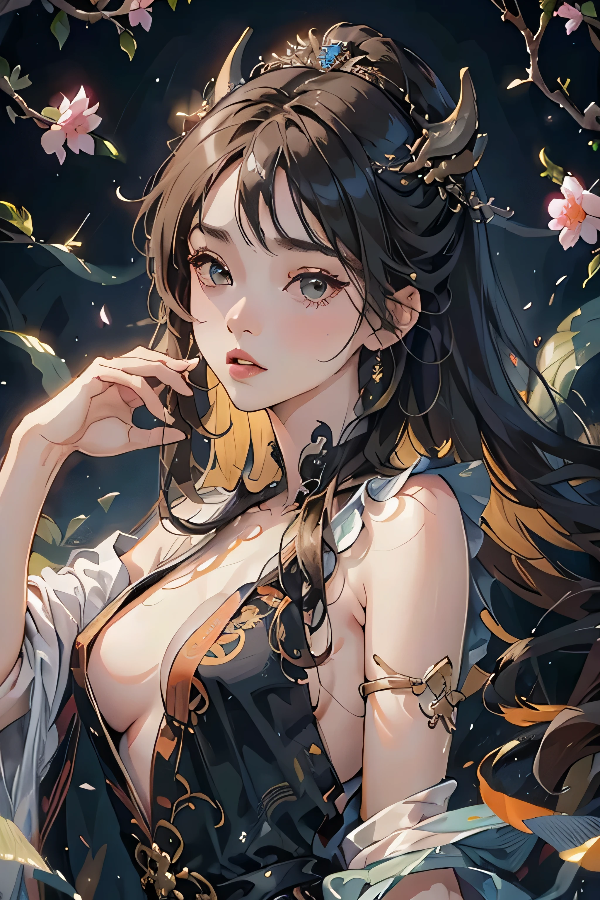 ((8k wallpaper of extremely detailed CG unit, masterpiece, hight resolution, top-quality, top-qualityのリアルテクスチャスキン)), (a very beautiful woman, Plump lips, The upper part of the body, Japanese pattern blouson:1.2, Japanese pattern micro mini shorts:1.2), (A dark-haired, hair messy, de pele branca, small ), ((Colorful background with geometric patterns, Japanese pattern background, warm color)), (hyper realisitic, digitial painting),nsfw,slender body shape, (Hyper-realistic) , (illustration), (Increase the resolution), (8K), (RAW photos,best qualtiy),(realisticlying,photograph realistic:1.3),best qualtiy,highly detailed,tmasterpiece,Hyper-detailing,( the wallpaper), (Detailed face), solo,1girll,The is very detailed,dynamic angle,cow boy shot,The most beautiful form of chaos,elegant,Fauvist design,vivd colour,Goddess of romanticism,Model figure,ancient costume,best qualtiy,Extremely detailed jewelry,Peony petals,scenecy,rios|Wagas,nsfw, chinese dress, slender , black dress,dynasty, white top, black bottom