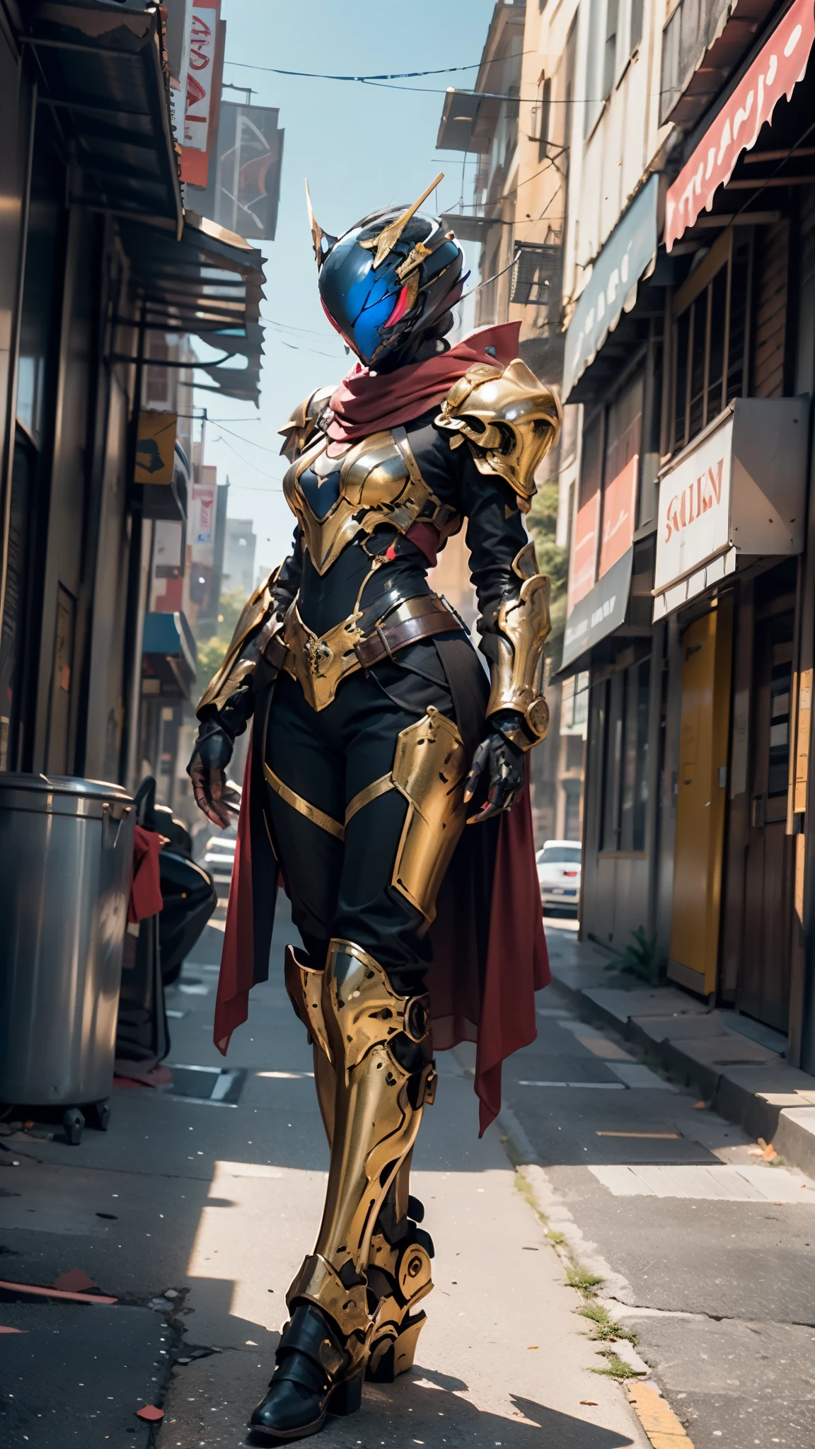 A woman adorned in fantasy-style full-body armor, a crown-concept fully enclosed helmet that unveils only her eyes, a composite layered chest plate, fully encompassing shoulder and hand guards, a lightweight waist armor, form-fitting shin guards, the overall design is heavy-duty yet flexible, ((the armor gleams with a golden glow, complemented by red and blue accents)), exhibiting a noble aura, she floats above a fantasy-surreal high-tech city, this character embodies a finely crafted fantasy-surreal style armored hero in anime style, exquisite and mature manga art style, (Queen bee mixed with Spider concept Armor, Central European woman), ((elegant, goddess, femminine:1.5)), metallic, high definition, best quality, highres, ultra-detailed, ultra-fine painting, extremely delicate, professional, anatomically correct, symmetrical face, extremely detailed eyes and face, high quality eyes, creativity, RAW photo, UHD, 32k, Natural light, cinematic lighting, masterpiece-anatomy-perfect, masterpiece:1.5