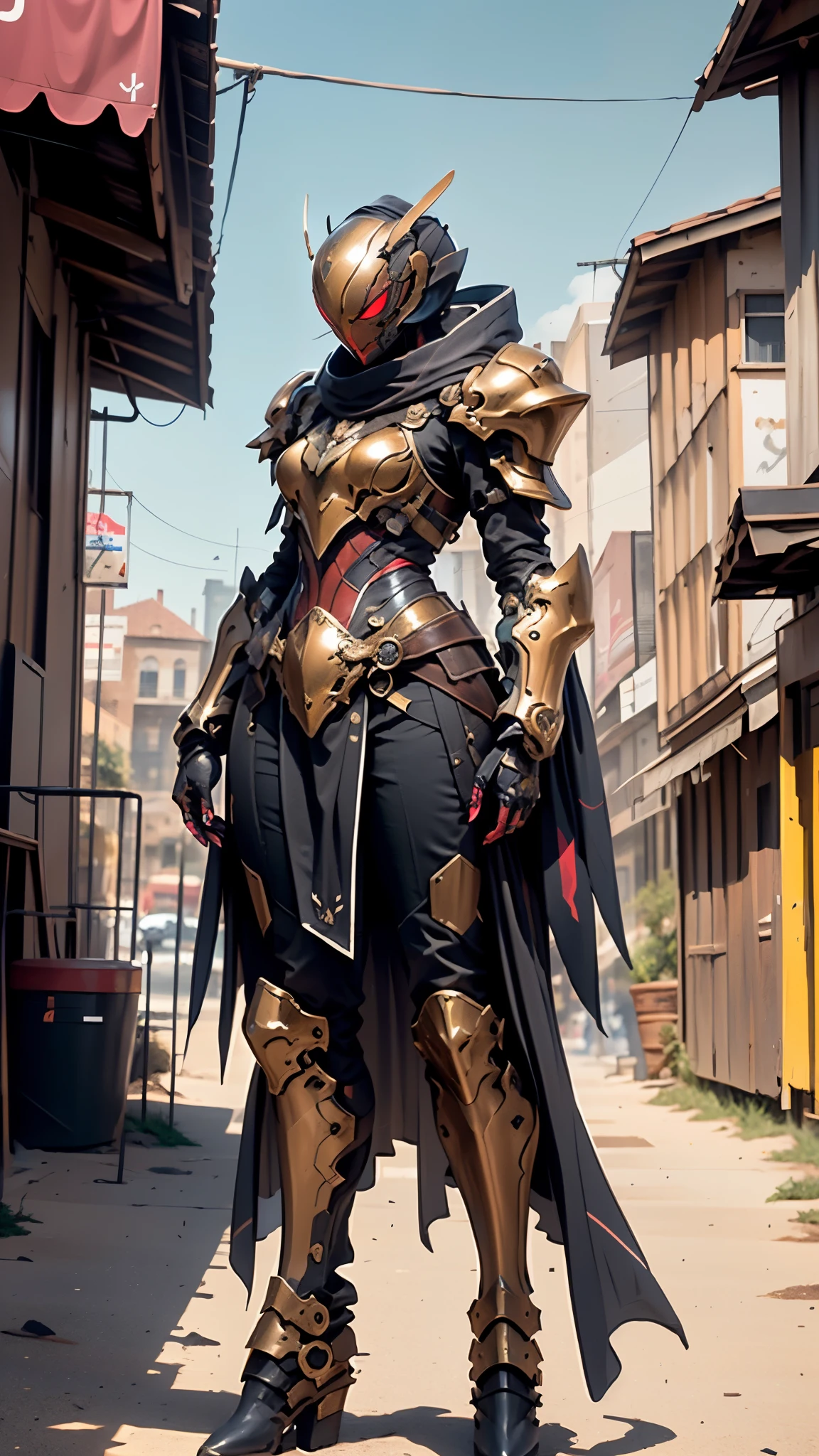 A woman adorned in fantasy-style full-body armor, a crown-concept fully enclosed helmet that unveils only her eyes, a composite layered chest plate, fully encompassing shoulder and hand guards, a lightweight waist armor, form-fitting shin guards, the overall design is heavy-duty yet flexible, ((the armor gleams with a golden glow, complemented by red and blue accents)), exhibiting a noble aura, she floats above a fantasy-surreal high-tech city, this character embodies a finely crafted fantasy-surreal style armored hero in anime style, exquisite and mature manga art style, (Queen bee mixed with Spider concept Armor, Central European woman), ((elegant, goddess, femminine:1.5)), metallic, high definition, best quality, highres, ultra-detailed, ultra-fine painting, extremely delicate, professional, anatomically correct, symmetrical face, extremely detailed eyes and face, high quality eyes, creativity, RAW photo, UHD, 32k, Natural light, cinematic lighting, masterpiece-anatomy-perfect, masterpiece:1.5