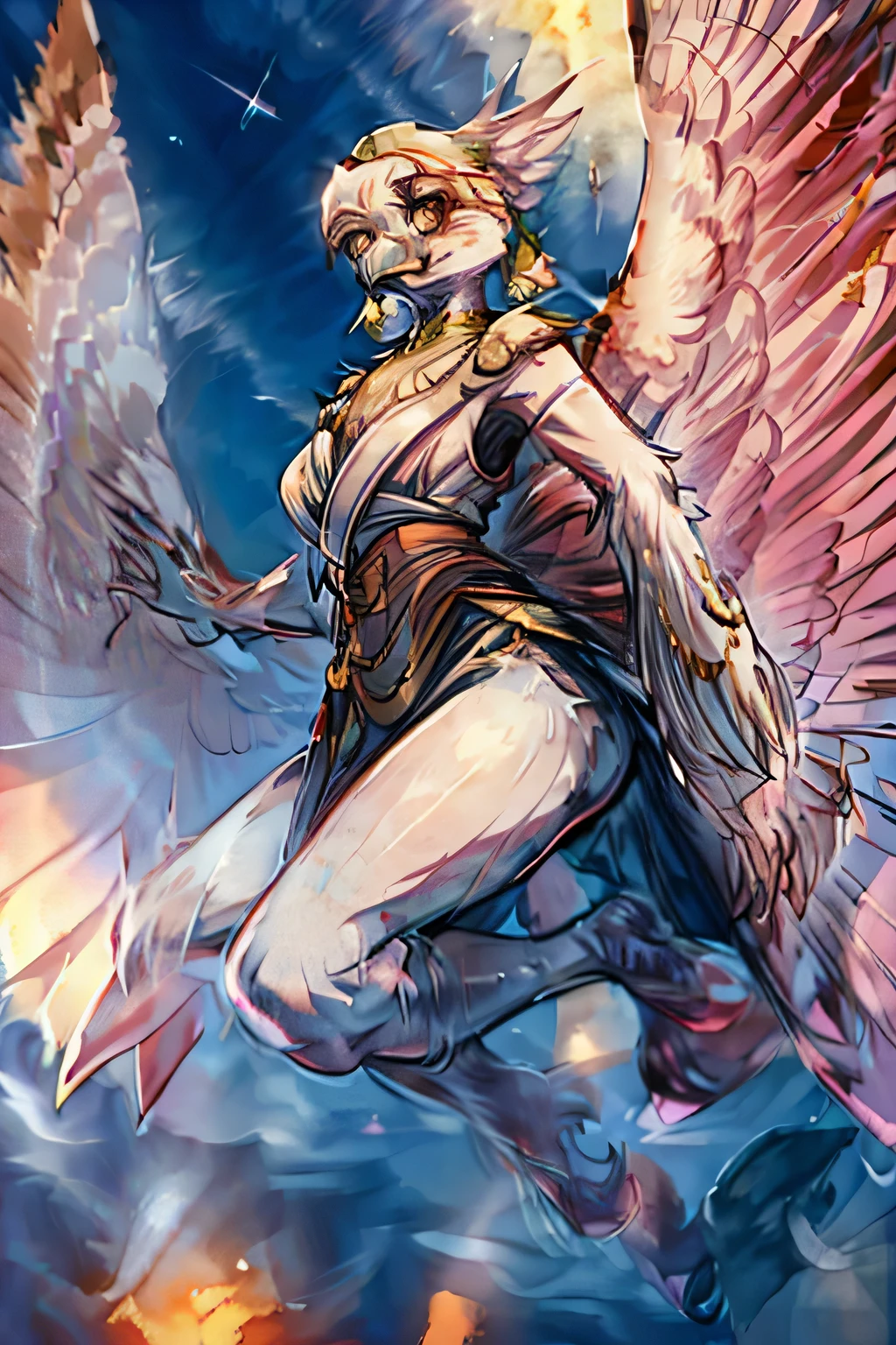 White feathered bird woman wearing robes in a crucifix pose in front of a sea of stars