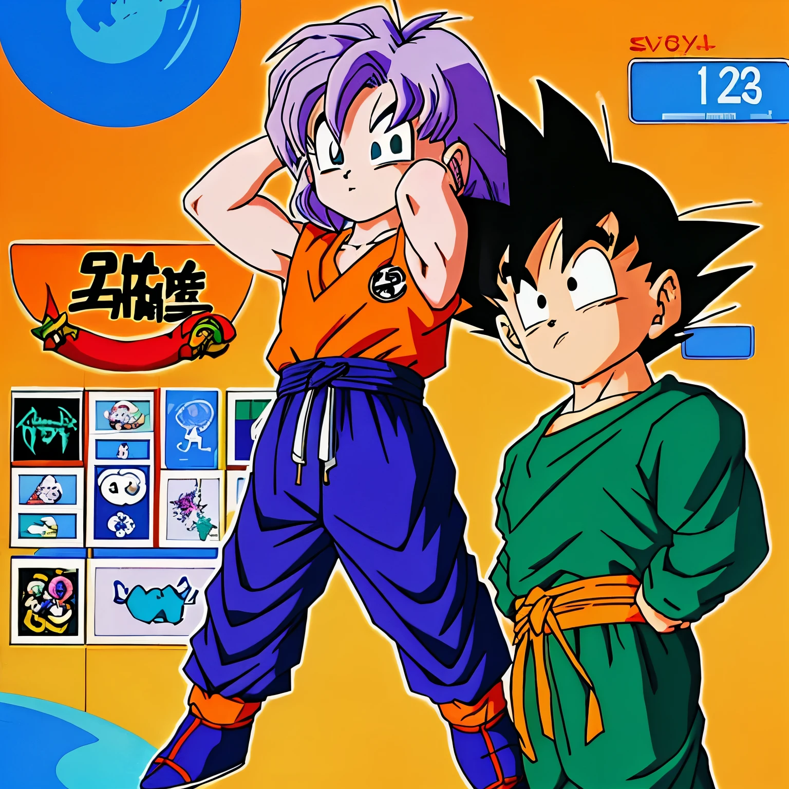 Hijo de Goku y Bulma de dragon ball z, 9  boy with purple hair, ojos color azul, con chaqueta narajan, with capsule corporation icon, pantalon de color azul oscuro, botas color rojo, con fondo muy detallado, full hd, 8k, 