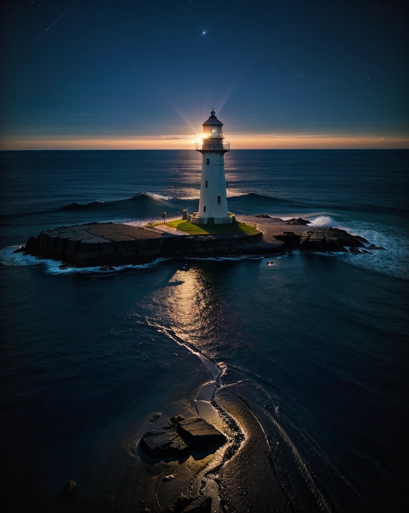 lighthouse,scenic,calm sea,night,star-studded sky,moonlit waves,rocky shore,distant horizon,beacon of hope,dramatic lighting,isolated structure,serenity,reflection