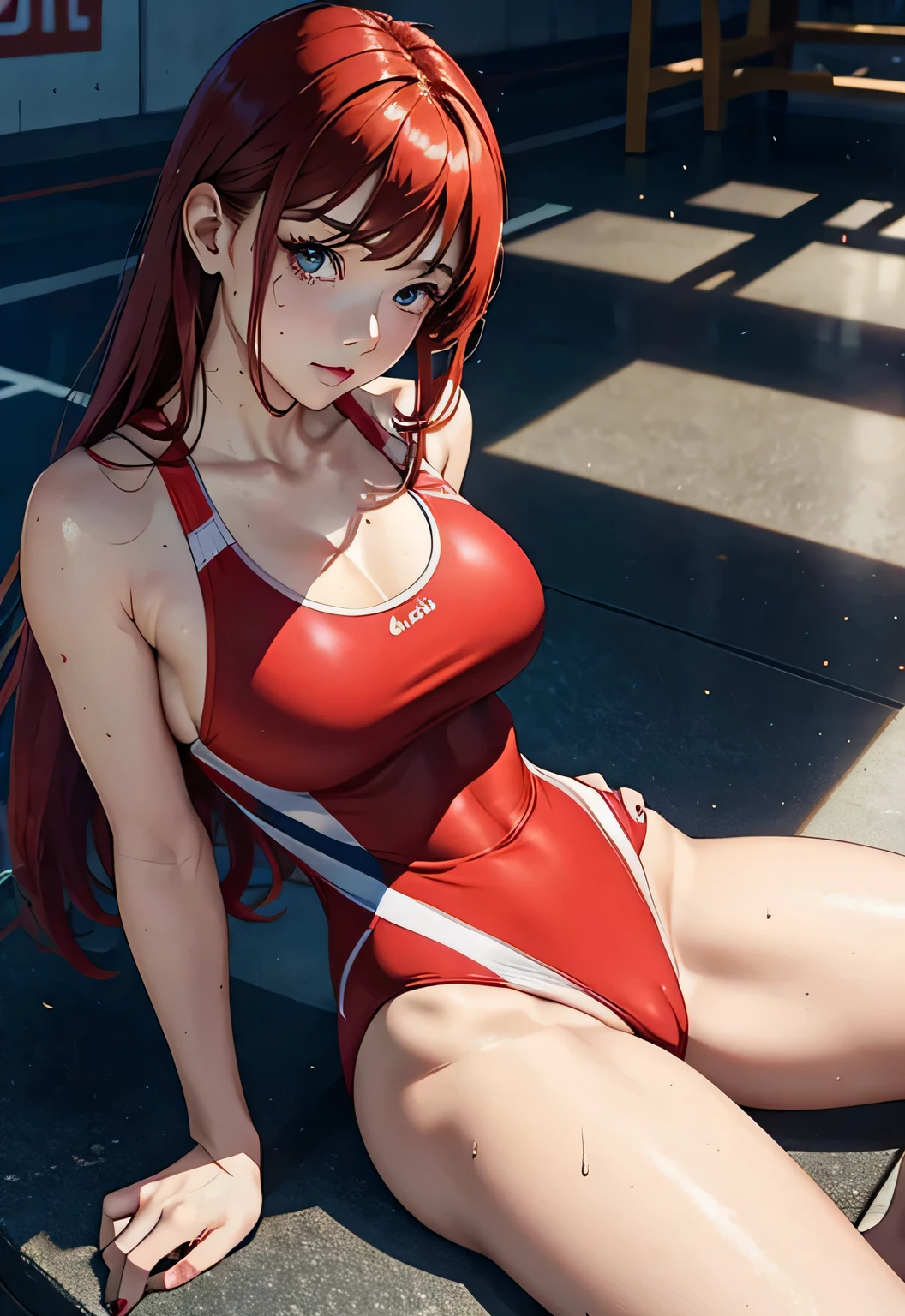 sit down and spread your legs、Emphasis on the crotch、actual、Super high chroma、8k、Long red hair(((30 year old woman)))、((((She is wearing a red competition swimsuit。))))、competitive swimmer、big breasts、Thick thighs、Pay attention to muscle development。競泳プールolympic Comcompetitive swimmerics stadium 美しい顔, Highly detailed face and skin textures，(Eyes have small wrinkles, double eyelids, thin eyebrows, glitter eyeliner: 1.2, natural cheeks, skin shiny, White skin,, (glossy lips: 1. 4),Sweating 1.0、(((vitality)))