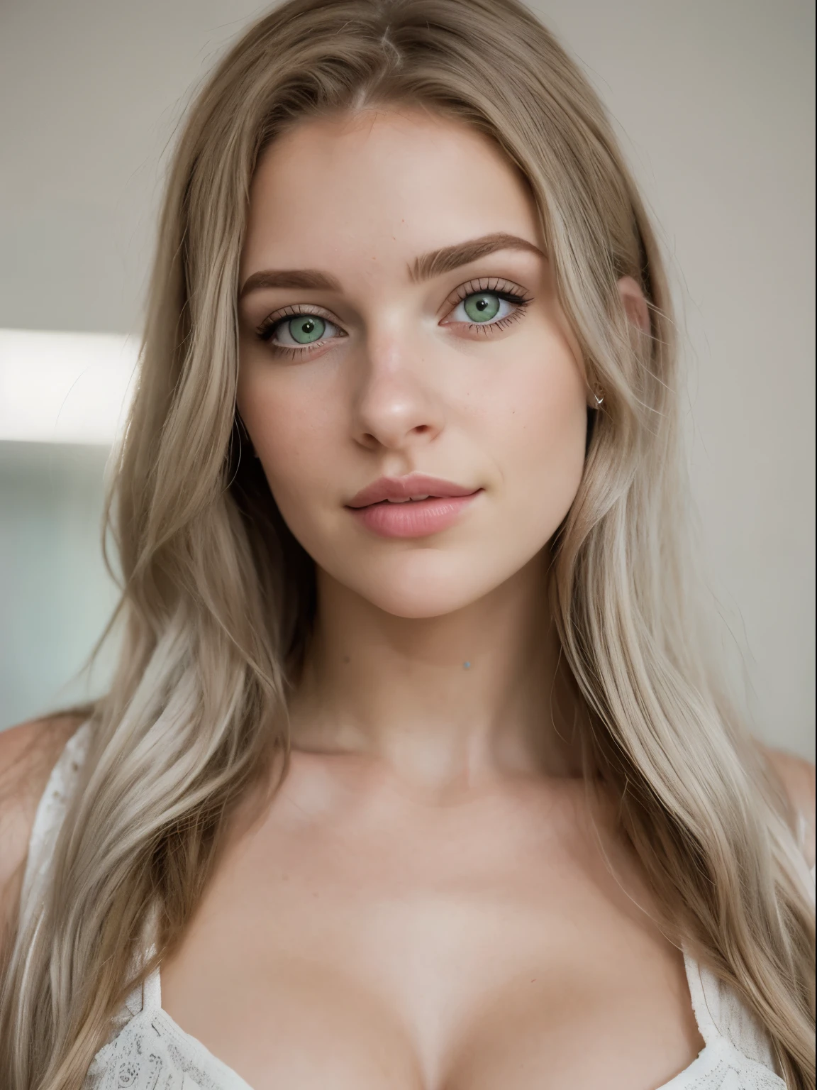 There is an 18 year old woman, Retrato de una hermosa joven modelo, with pale skin, 25% anastasiya kvitko, 25% Yulia Rose, 25% oktyabrina maximova, 25% Daniela Nicolas, natural soft pale skin, cabello rubio platinado, cabello con trenzas, piel brillante, pechos muy grandes, ojos verdes hd brillantemente iluminados, small juvenile body, Altura de 1.62 metros, sentada con las piernas cruzadas