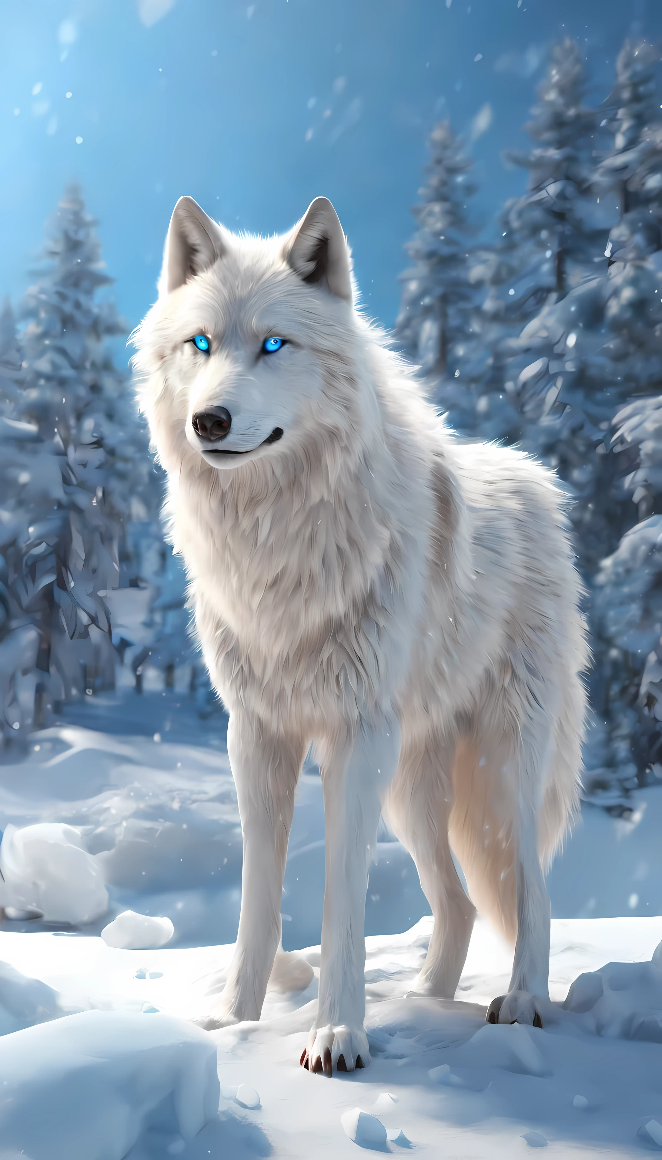 White wolf with blue eyes in the ice and snow