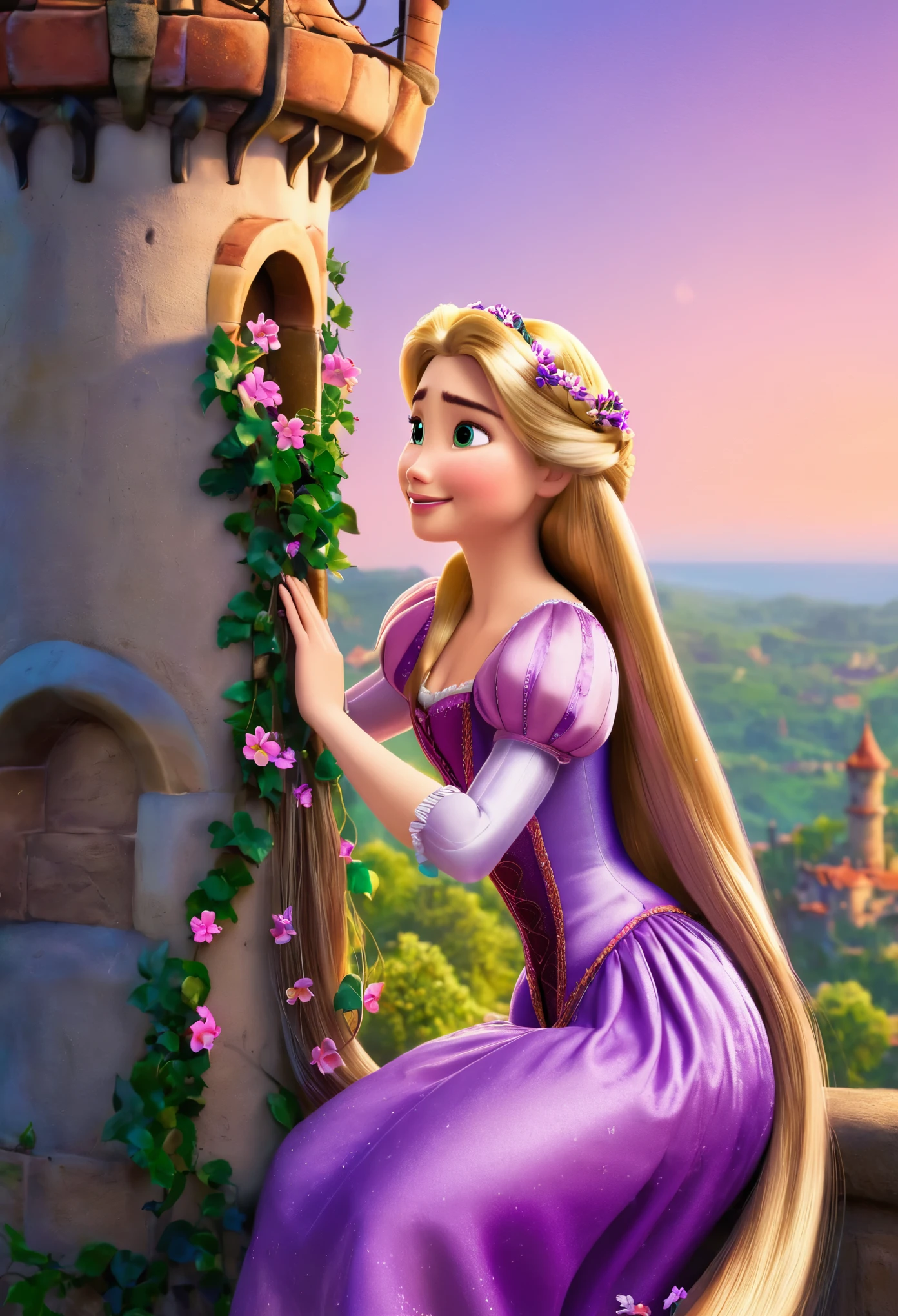 Rapunzel en la torre dejando caer su cabello 