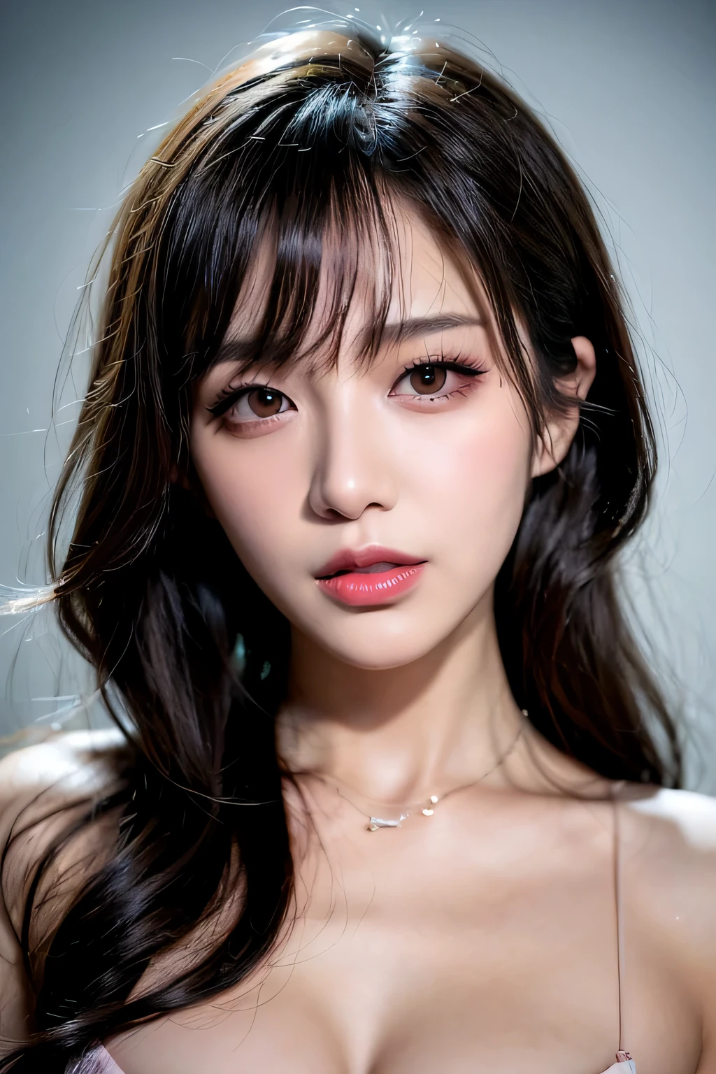 Canon RF85mm f/1.2,masterpiece,best quality,ultra highres,vc,1 girl,(korean mixed,kpop idol:1.2),solo,white_shiny_skin,black eyes,necklace,((brown_short_wavy_hair)),((pink_shiny_lips)),eyelashes,bangs,aface,make-up,shiny,Pore,skin texture,bracelet,offshoulder,see-through,big breasts