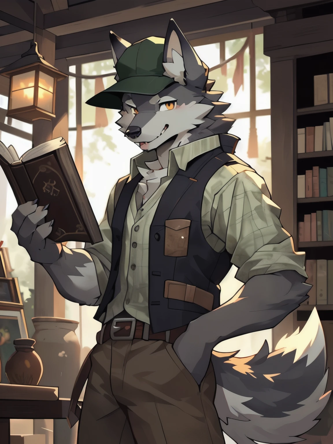 high quality,furry,male,wolfboy，furry,whole scene，by null-ghost,looking at viewer, smile, shirt, hat, animal ears, standing, tail, yellow eyes, male focus, cowboy shot, multiple boys, solo focus, fang, collared shirt, belt, indoors, vest, orange eyes,  wolf ears,  wolf tail, furry, sleeves rolled up, lantern, green shirt, brown headwear, brown belt, lamp, furry male, body fur, white fur, green vest, book stack, brown vest, snout, wolf boy, grey fur，ahegao