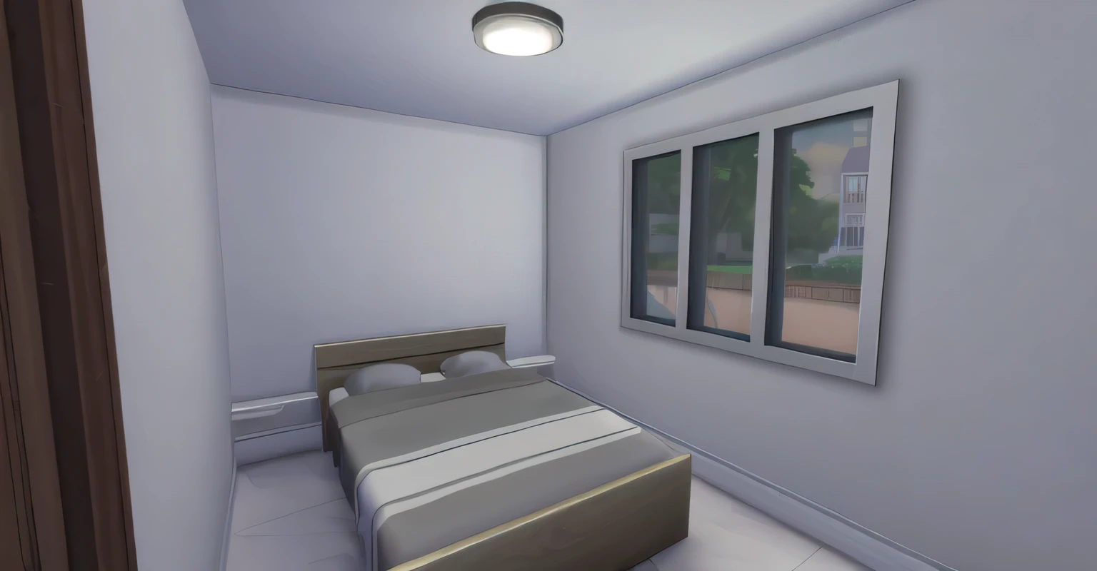 there is a bed in a room with a window, small bedroom, realistic render,