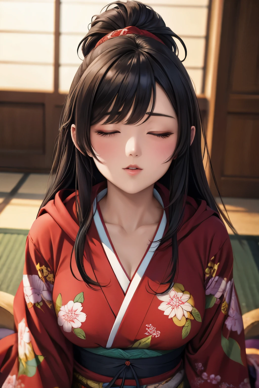 (masterpiece), best quality, expressive eyes, perfect face Beautiful Japanese woman cartoon, cartoon cute anime, Beautiful Japanese kimono, There a dragon embroidery on the kimono. kimono colour black and red, Japanese woman long hair, hair colour Black, hair style ponytail, single eyelids, eye style hooded and sultry and deep set and captivating and enigmatic, Facial expression smile, situation beautiful image.