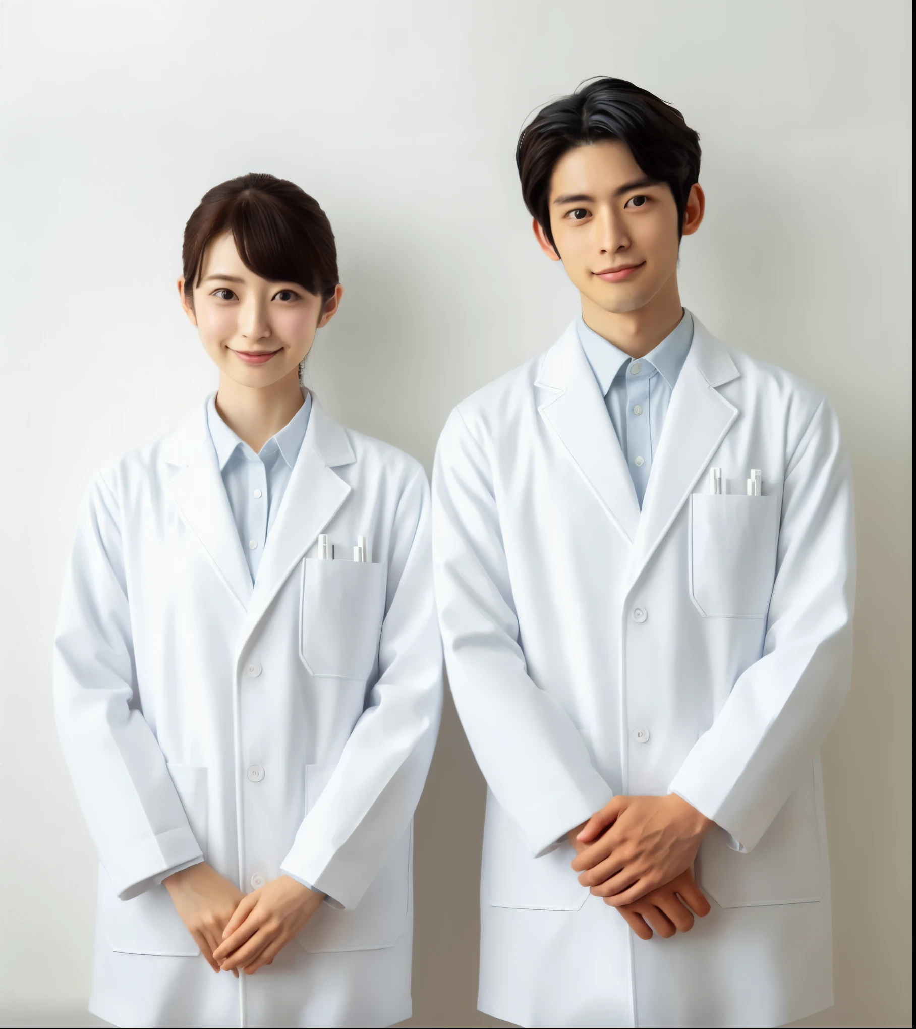 Two young attractive Japanese pharmacists (20s) in pristine pure white lab coats standing side by side (full body shot). Both man and woman is little smiling slightly and facing the front with good posture, standing with hands folded in front to welcome customers. Clean light blue collared shirts and black slacks under the coats. Plain white wall background, natural indoor lighting. 