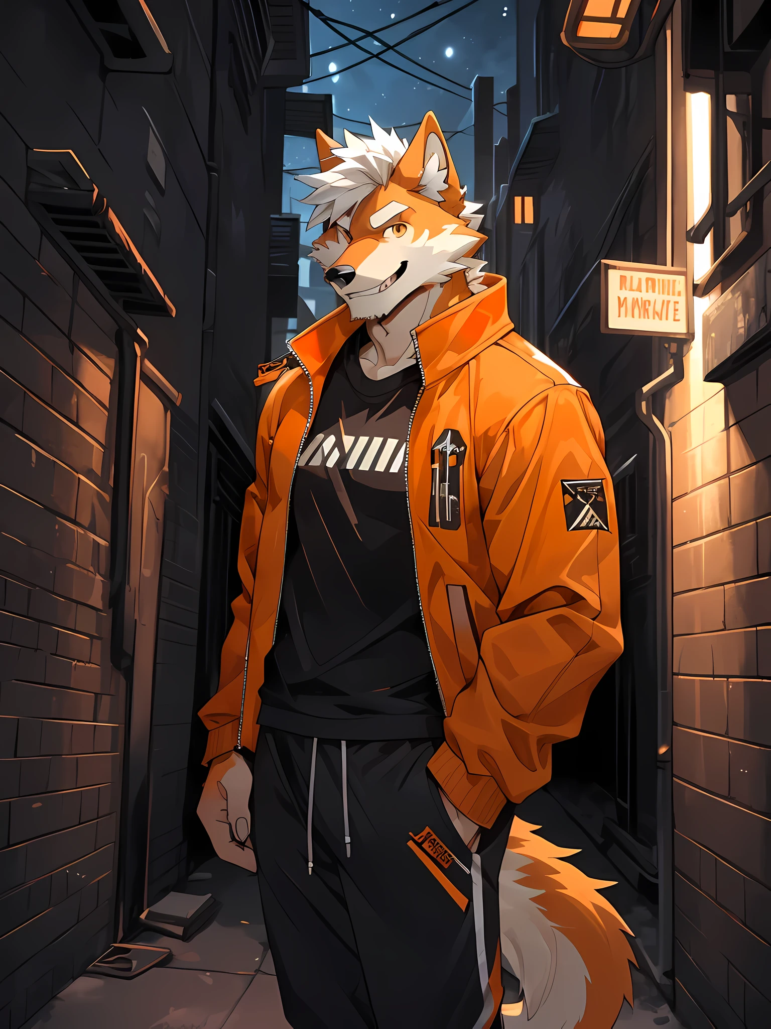 1 person,correct body structure,Correct finger structure,Correct pupil structure,individual, ((orange fur)),Orange Wolf, white hair, Smile, brown pupils, wolf tail, Strong, short hair, red jacket, black sweatpants, black shirt, night, alley