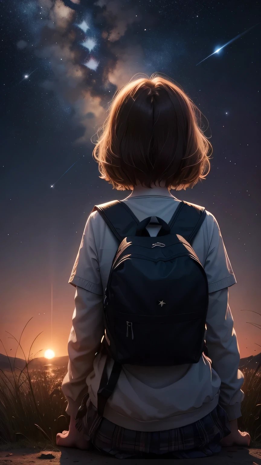 photo of two girls&#39; back, 12 and 8 years old, look up at the sky, Request a passing shooting star.