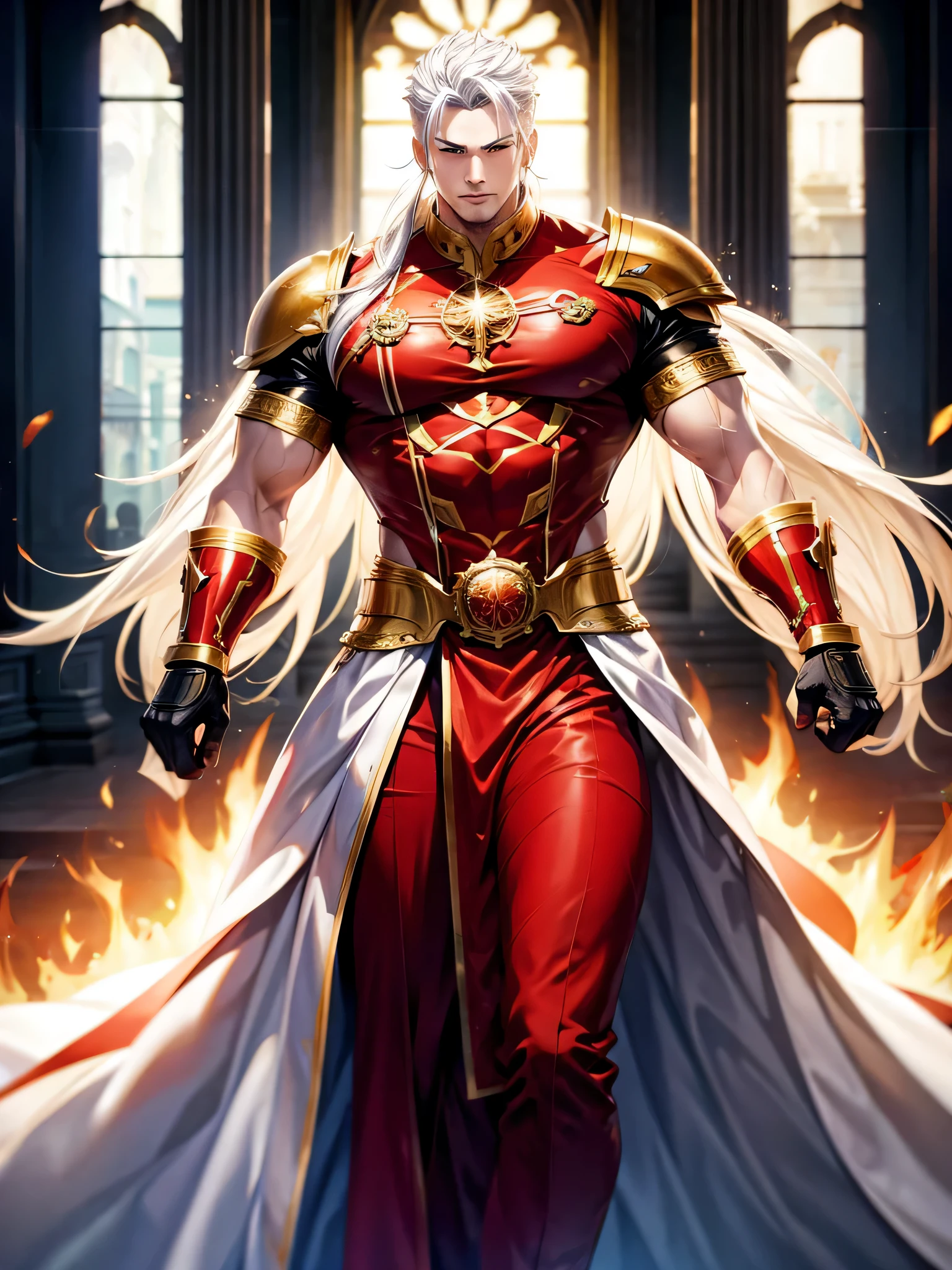 Male Fire Lord, bulky and muscular, in a throne room, Aura de feu, vue du corps entier, cheveux blancs, hero hair, Realistic animated art, anatomie humaine parfaite, best quality, (chef-d'artwork)