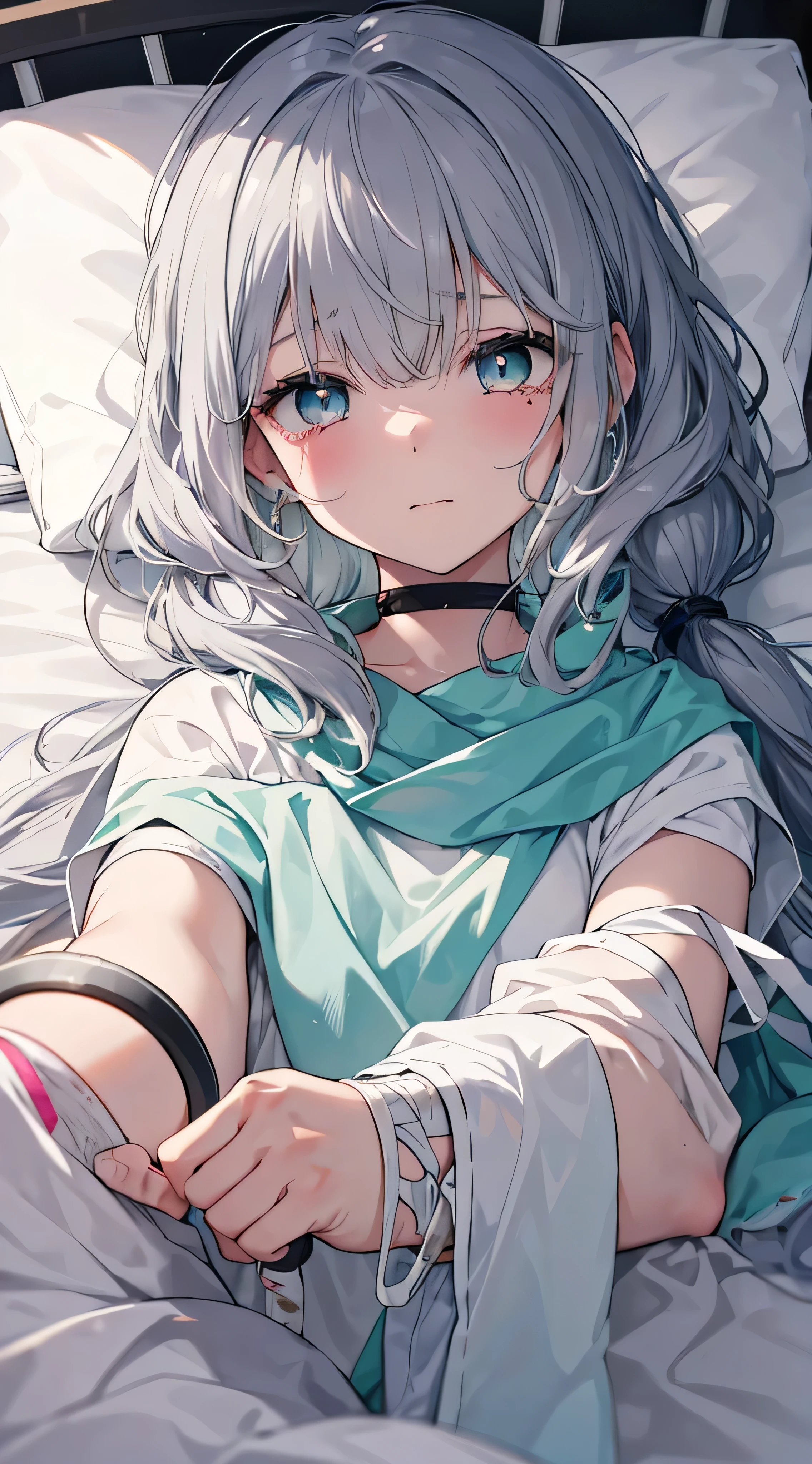 in hospital, mattress, blanket, IV tube, monitor, injury, wound, bandage, 1girl, sick, covered in wounds, crying, long hair, gray hair, bangs, (bright aqua eyes), lying on the bed, body covered with blanket, (face bandages)