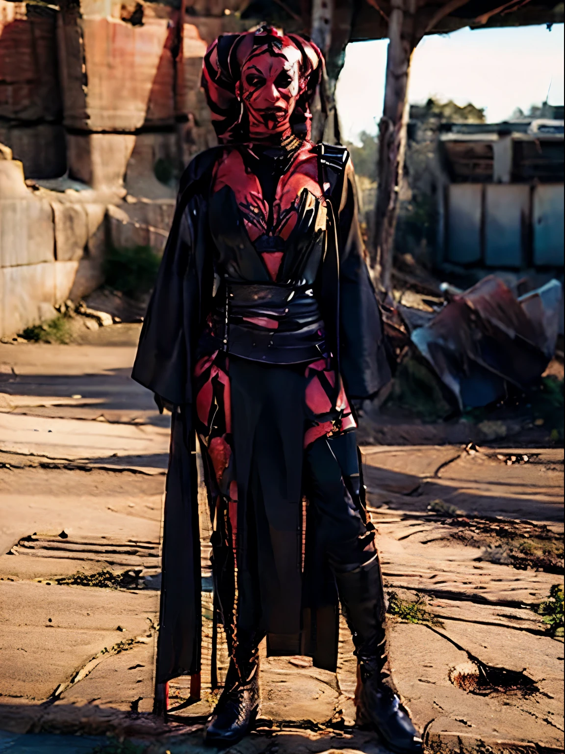 Red Twi'lek, Sith, large breasts, thick thighs, black robes, light armor, red skin, high quality face, no bad face, purple eyes, good face