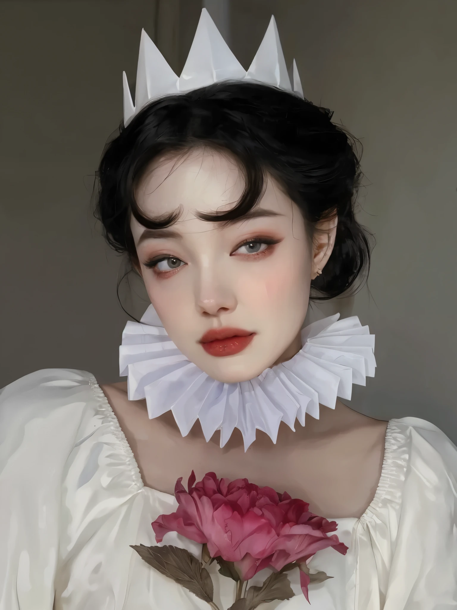 Mujer arafed con un vestido blanco y una flor en la mano., inspirado en Louis Le Nain, pale, snow-white skin, inspirado en Russell Dongjun Lu, piel blanca de porcelana, aesthetic portrait, inspirado en Jeong Seon, usando maquillaje de payaso preciso, inspirado en Yanjun Cheng, pale porcelain skin, inspirado en Sim Sa-jeong, pale piel blanca de porcelana