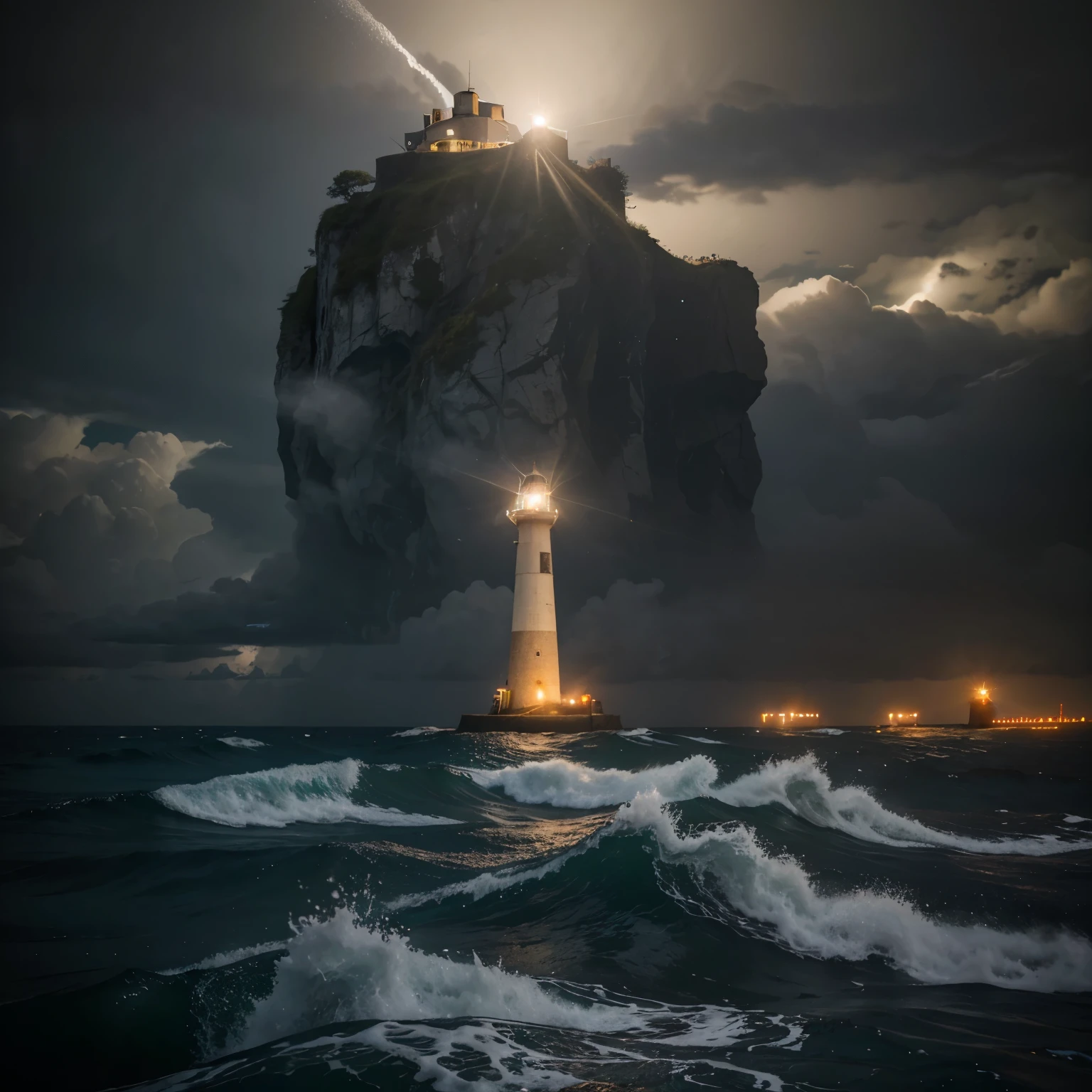 Tall concrete cylinder lighthouse with two bright lamps furiously shining bright, stands stoically on a island made of  rocks that is being pummeled by waves in the middle of maf storm