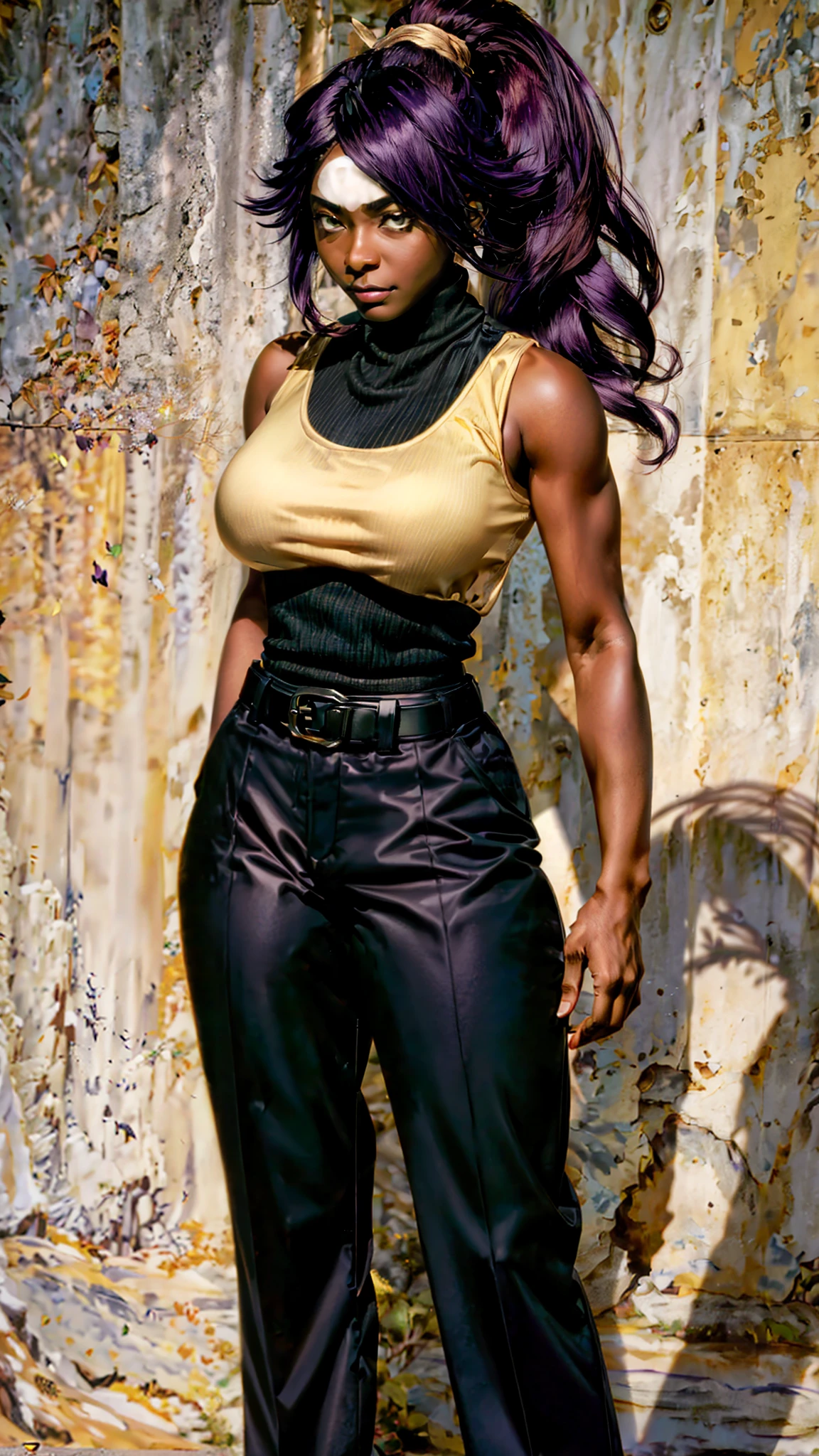 (extremely detailed CG unity 8k wallpaper),(masterpiece),(best quality),(ultra-detailed),(best illustration),(best shadow),(absurdres),(detailed background), Yoruichi Shihouin, 1girl, shihouin yoruichi, solo, dark-skinned female, medium breast, dark skin, purple hair, ponytail, long hair, scarf, full body, standing, yellow eyes, pants, sleeveless, black turtleneck shirt, clenched hands, mature woman