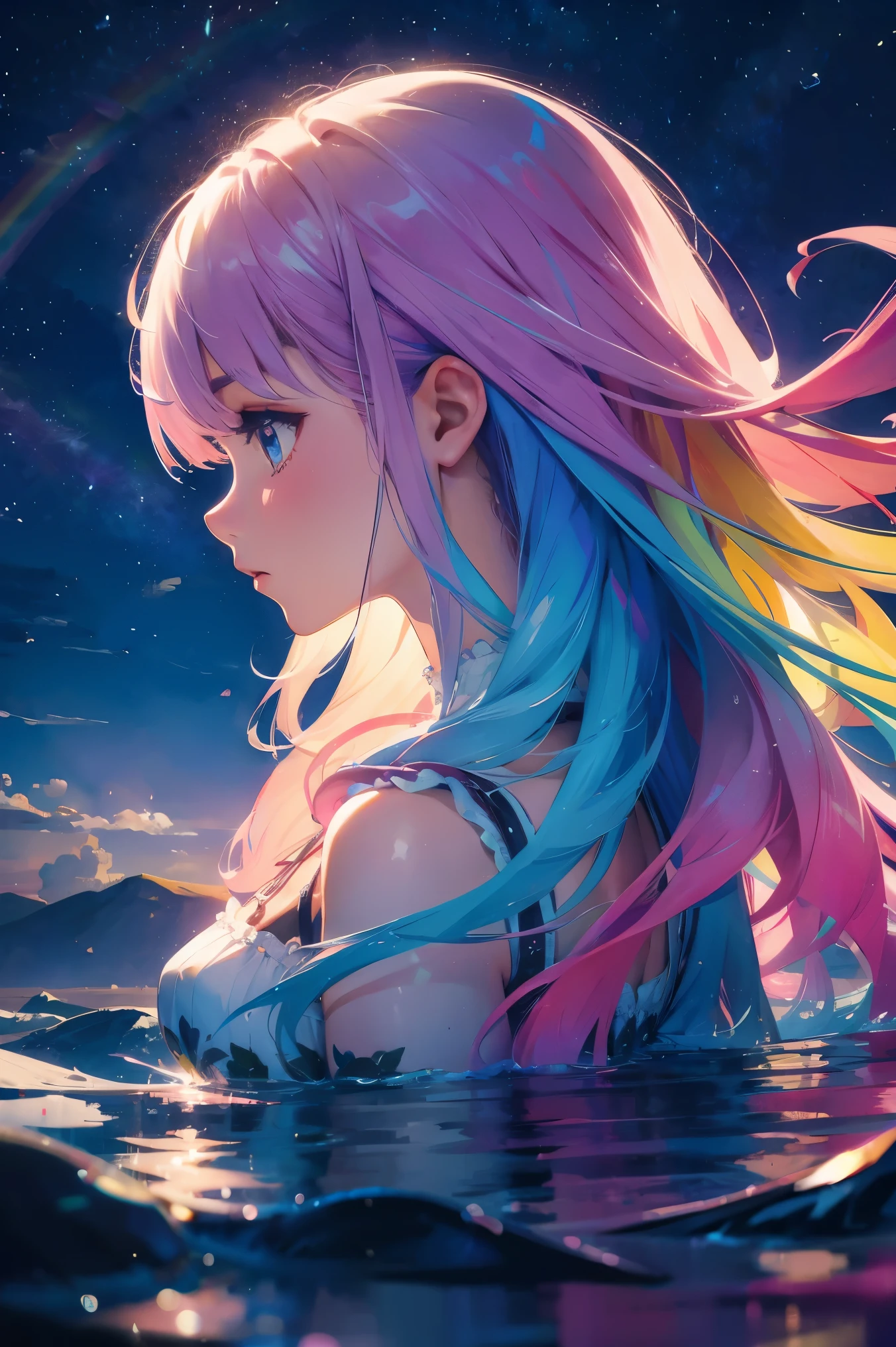 (masterpiece, top quality, best quality,watercolor (medium),official art, beautiful and aesthetic:1.2),(1girl:1.3), (fractal art:1.3),upper body, from side, looking at viewer,patterns,(rainbow color Hair,colorful hair,half blue and half pink hair:1.2),water,liquid, cloud,colorful, starry,stars,