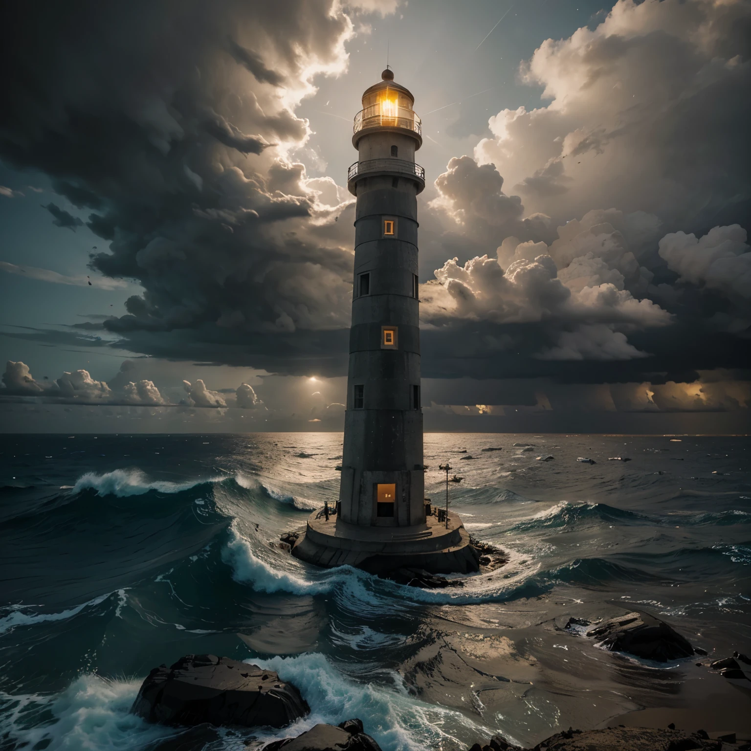 Tall concrete cylinder lighthouse with two bright lamps furiously shining bright, stands stoically on a island made of rocks that is being pummeled by waves in the middle of maf storm