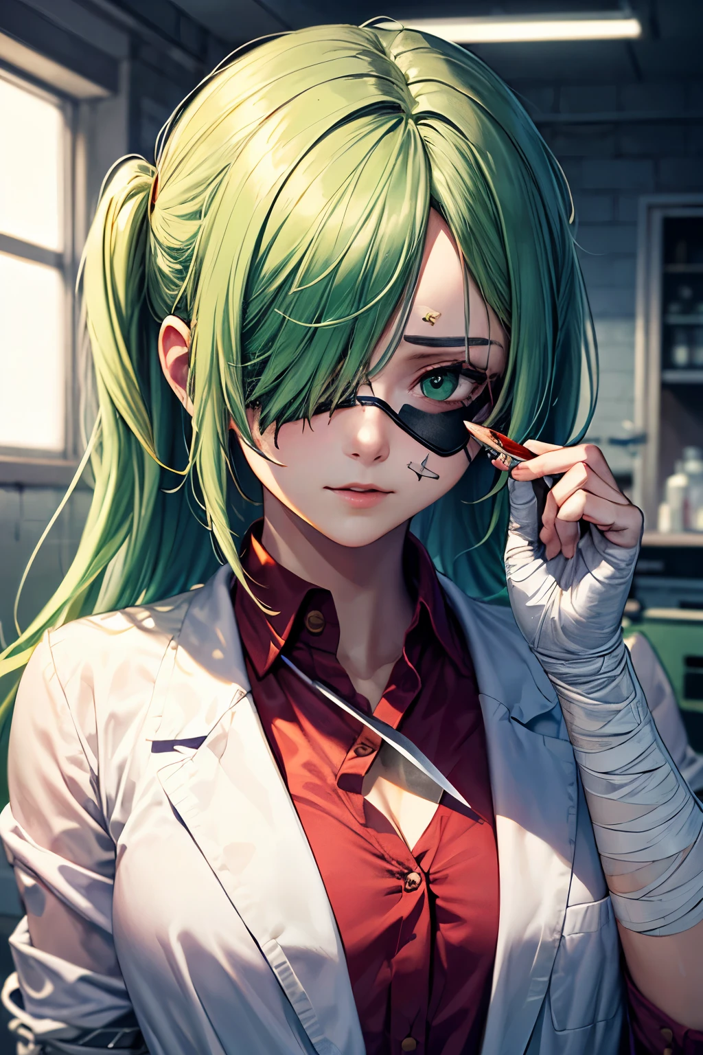 ((best quality)), ((masterpiece)), (detailed), perfect face , girl with stitches in lab coat with eye patch, green hair , hand covered in bandages, half 
body,holding knife with string