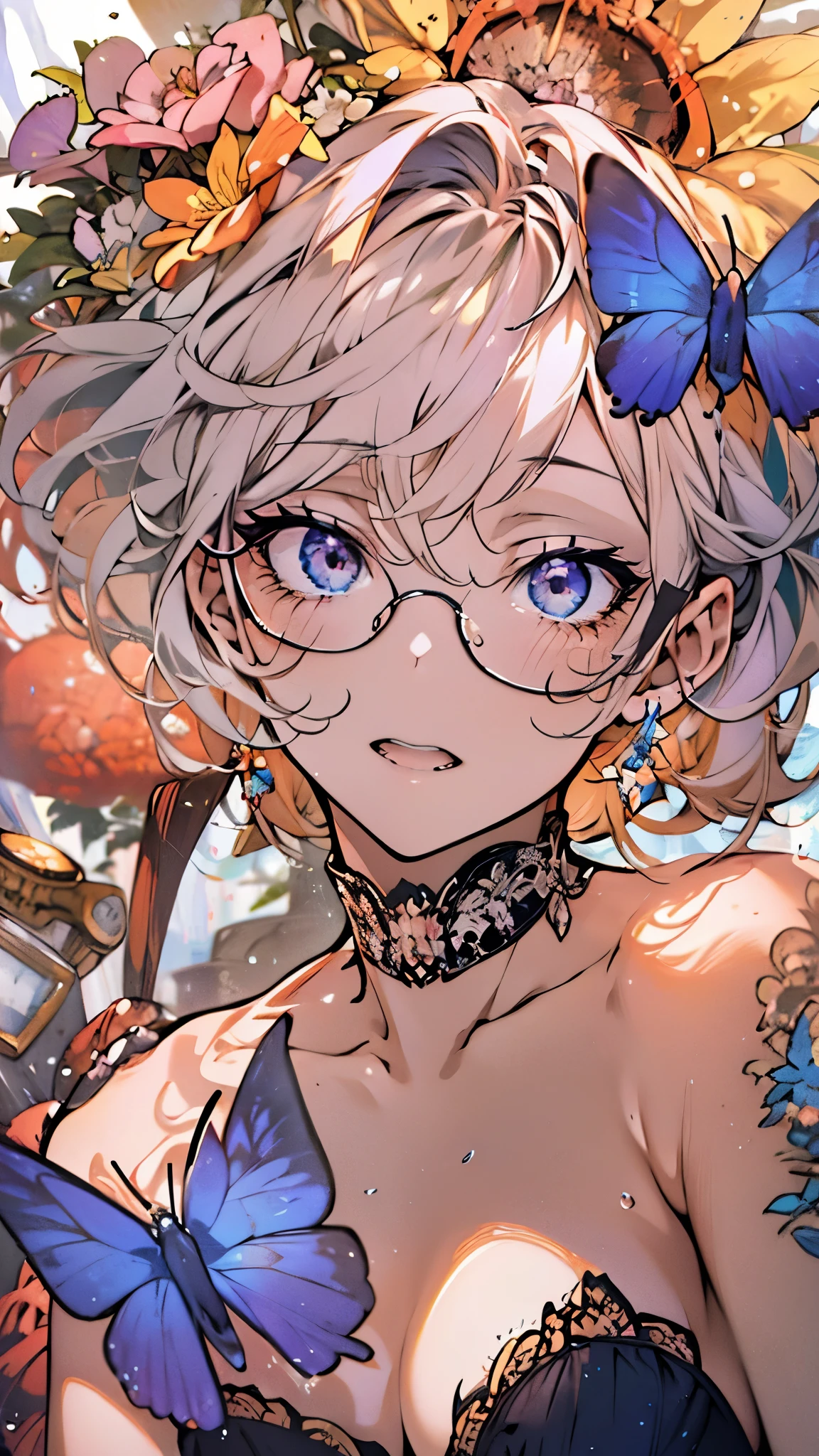 ((8K resolution))、((highest quality))、((masterpiece))、((Super detailed))((((dramatic))),woman、sunglasses、double teeth、short hair、blonde、tattoo、bikini、image color purple、Ocean、blue sky、butterfly、sunflower、erase the shadow、colorful、character concept、anime、(focus on character)