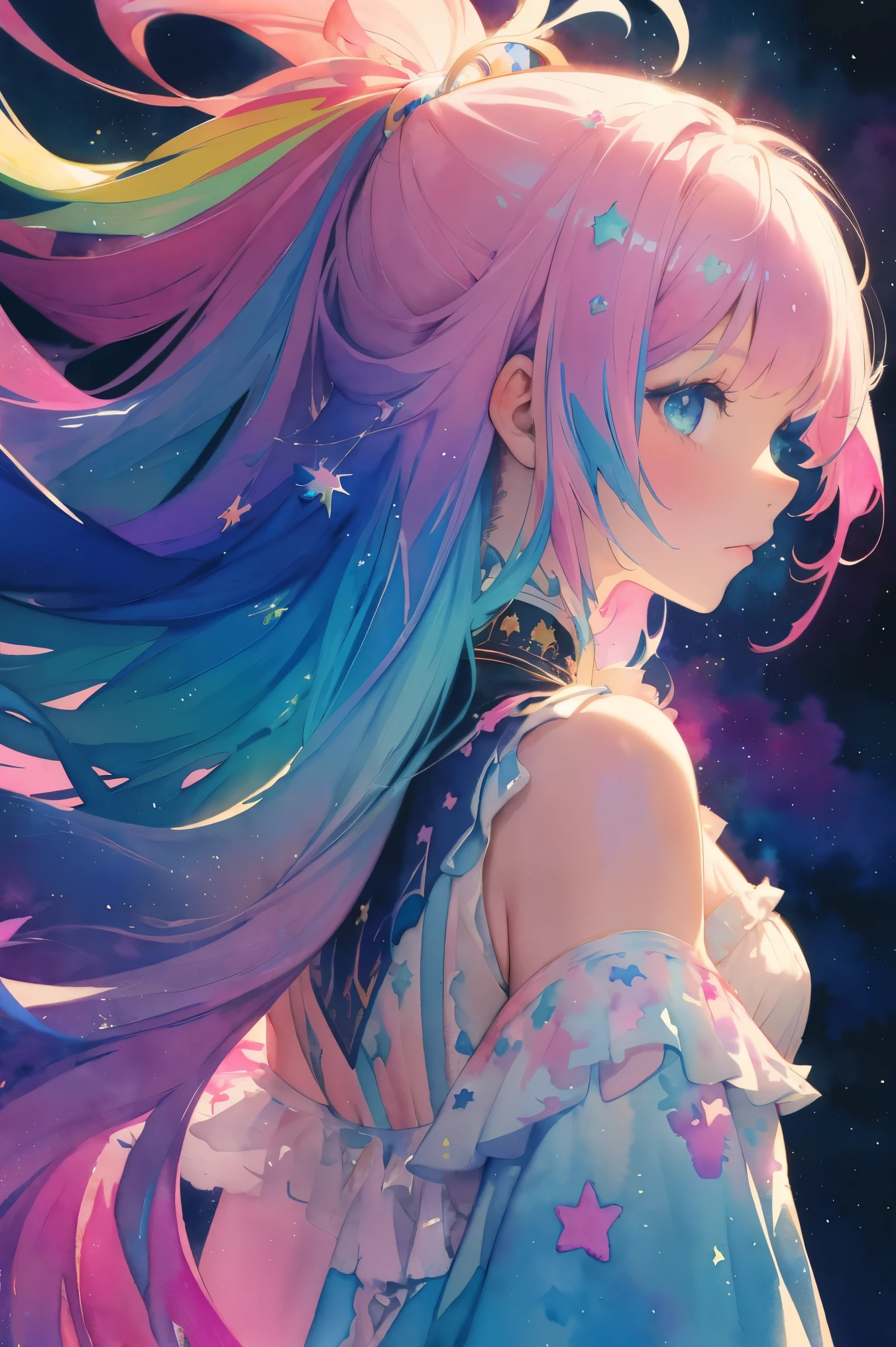 (masterpiece, top quality, best quality,watercolor (medium),official art, beautiful and aesthetic:1.2),(1girl:1.3), (fractal art:1.3),upper body, from side, looking at viewer,patterns,(rainbow color Hair,colorful hair,half blue and half pink hair:1.2),water,liquid, cloud,colorful, starry,stars,