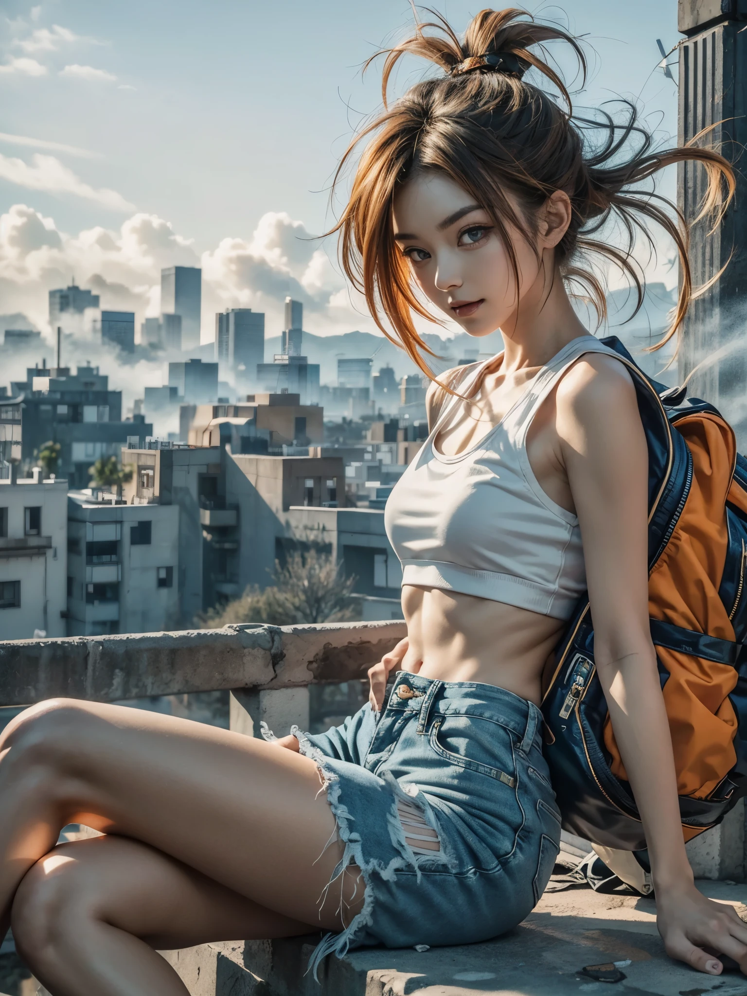 (fog and mist Blurred background, Perfect and beautiful concrete background:1.4), (Inorganic and nostalgic white lighting:1.4), 
//Character
BREAK
1girl, (sitting:1.5), cute ig model, Japanese cute model, 22 years old, Tightened all body, (small head, small face:1.2), small mouth, diamond Face, small nose, Sharp Faceline, dropy eyes, Double eyelid, Light color eyes, Glossy eyes, Shiny eyes, Shiny skin, shiny hair, happy, smile, Teeth, Glossy Lips, beautiful Teeth, perfect beautiful fingers and legs,
BREAK (DRAGONBALL Inspire theme:1.3),
 Golden-Haired Goku-Inspired Rebellious Girl,
Start with a fitted orange martial arts gi top, reminiscent of Goku’s iconic outfit, adorned with black kanji symbols for authenticity,
Pair it with distressed denim shorts, rebellious and modern, adding a touch of streetwear flair to the ensemble,
BREAK
Accessorize with fingerless gloves featuring martial arts-inspired designs, such as dragon motifs or power level indicators, paying homage to Goku’s fighting spirit,
Adorn your hair with a golden wig styled in wild, untamed spikes, symbolizing the Saiyan warrior’s signature hairdo,
BREAK
Complete the look with high-top sneakers in vibrant colors, reflecting Goku’s energetic personality, and carry a backpack with a dragon ball emblem, ready for adventure,
BREAK
