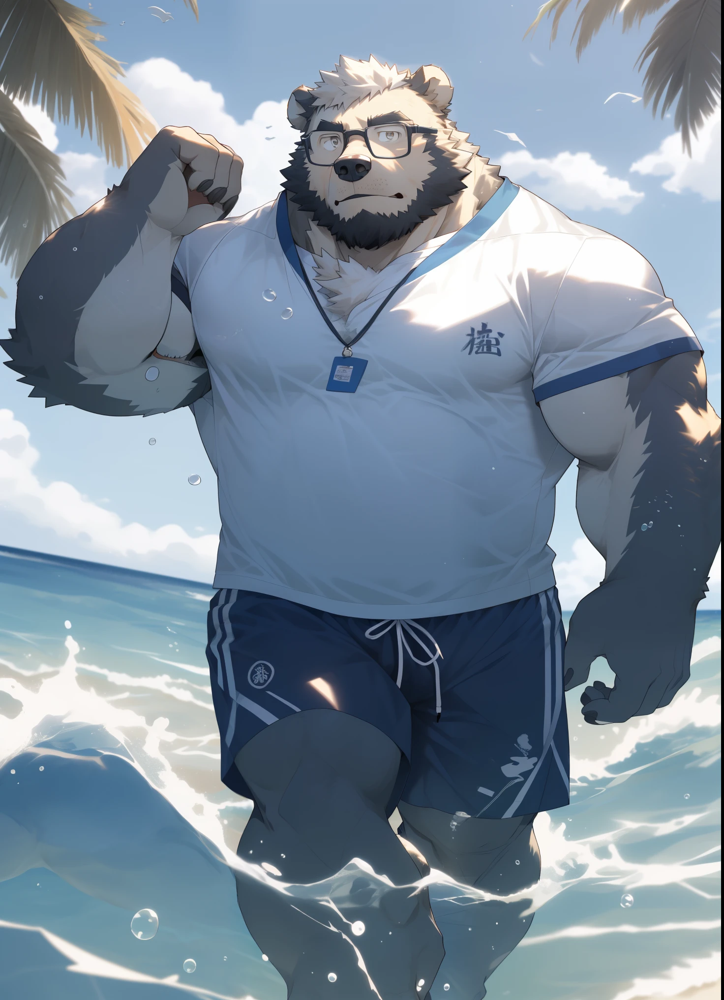solo, 1boy, Huge Muscular White Polar Bear Dad wearing black sunglasses, huge white fur, pectoral, huge pectoral, wide pectoral, short white hair, blue-colored competitive briefs, black wristbands and shirtless topless, bearded, white Mustache, white fur, tooth necklace, professional surfer, surf board, background, masterpiece, high detailed, 8k, high resolution, at the ocean, surfing the waves, riding the surfboard, gliding on the surfboard, being totally radical, surf's up dudes, showboating