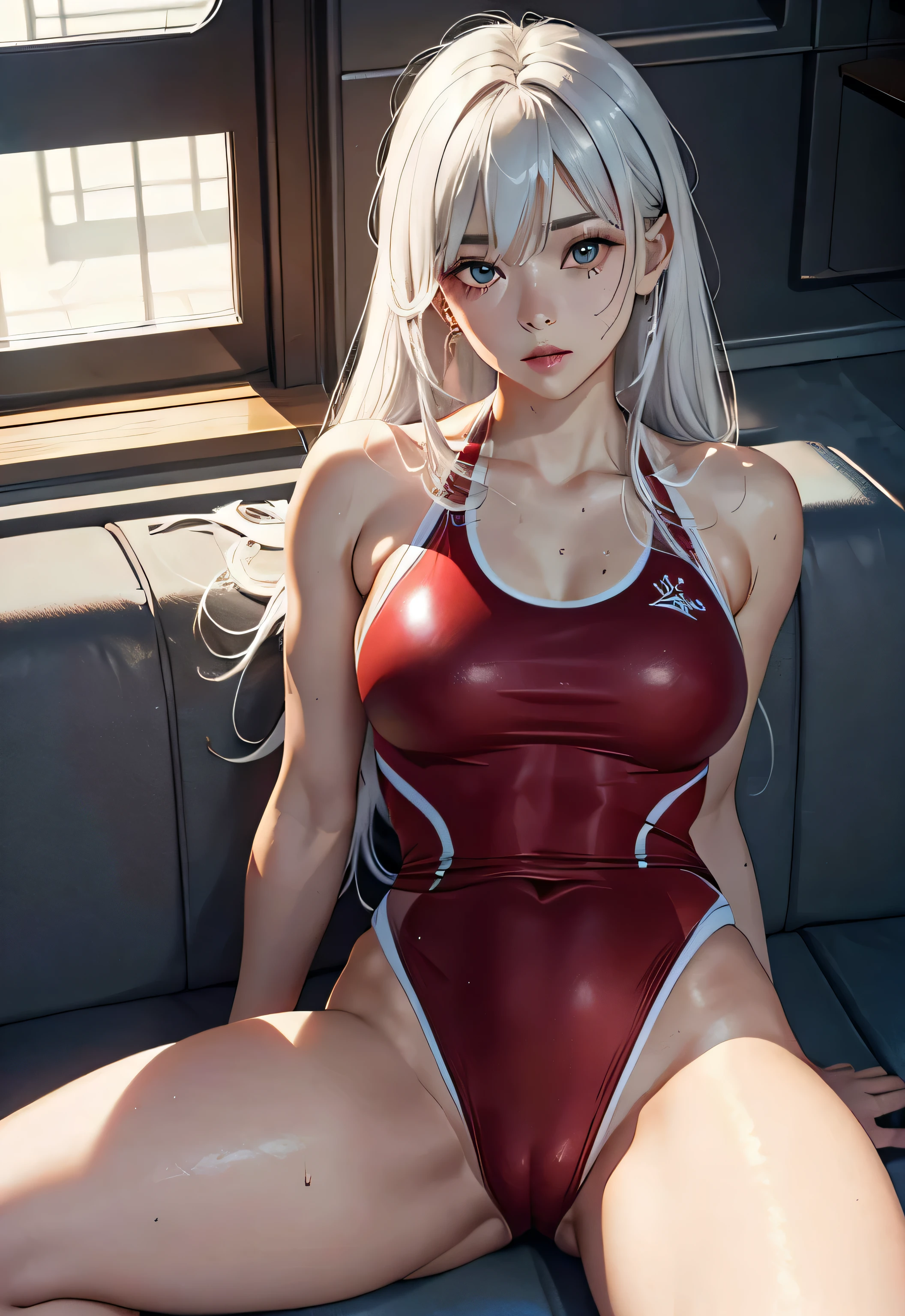 sit down and spread your legs、Emphasis on the crotch、actual、Super high chroma、8k、Long silver hair(((30 year old woman)))、((((She is wearing a red competition swimsuit。))))、competitive swimmer、big breasts、Thick thighs、Pay attention to muscle development。競泳プールolympic Comcompetitive swimmerics stadium 美しい顔, Highly detailed facial and skin textures,(Eyes have small wrinkles, double eyelids, thin eyebrows, glitter eyeliner: 1.2, natural cheeks, skin shiny, White skin,, (glossy lips: 1. 4),Sweating 1.0、(((vitality)))