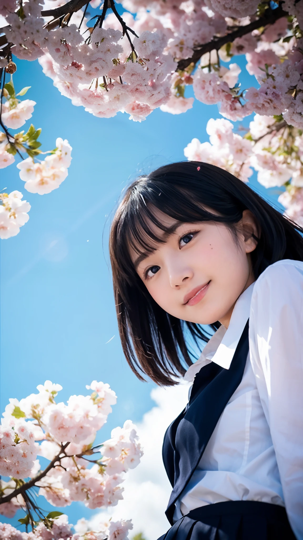 (highest quality,masterpiece:1.3,ultra high resolution),(Super detailed,caustics,8k),(photorealistic:1.4,RAW shooting),1 girl,sit,(smile),(looking down at the camera),18-year-old,cute,Japanese,black hair short cut,(school uniform),glamorous,(big ),(face focus),garden,grass,cherry blossoms,(cherry blossoms吹雪),blue sky,sun,Natural light,(Lens flare),professional writing,(cowboy shot),(Tilt composition:1.3),(low position:1.4),(Low - Angle:1.4)