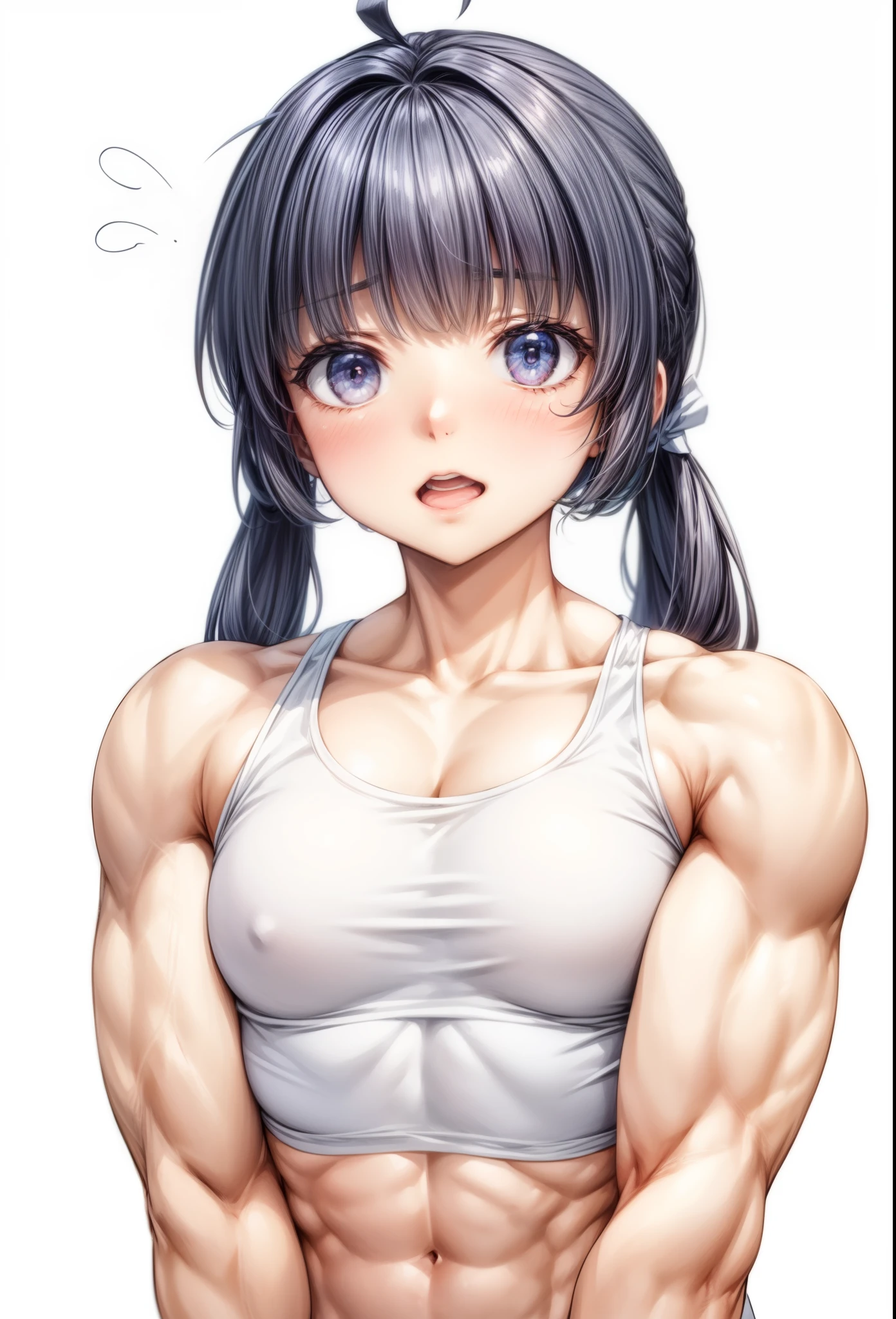 ,best quality,girl, biceps, muscular ,alternate muscle size,upper body,blush,pecs, thick arms, broad shoulders, miyu (blue archive) ,